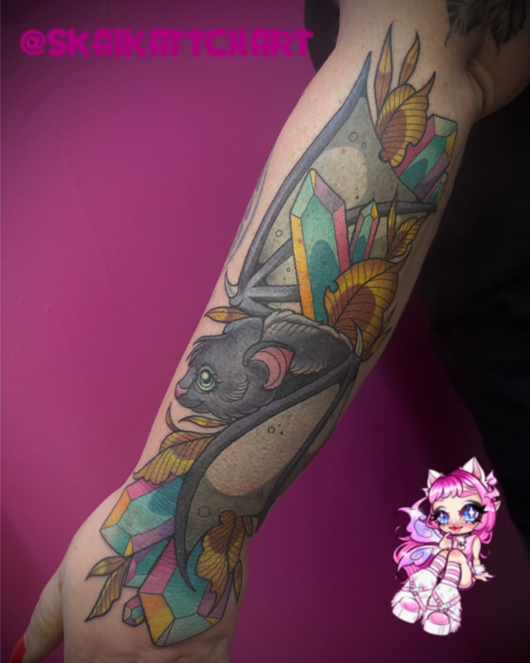 Bat with crystals geometric tattoo on the forearm by ♔☙☆彡♡︎ Sᴋᴀɪʟʏʀ Kᴀᴛᴛ ♡︎☆彡❧♔