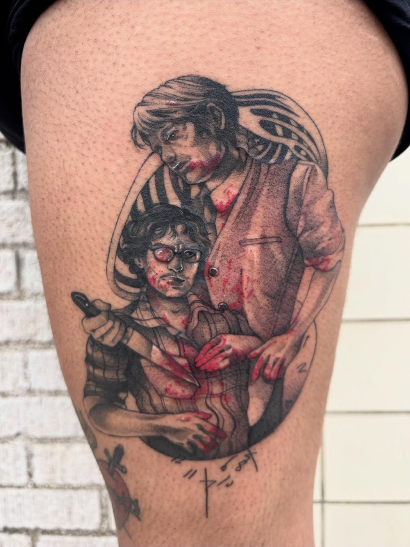 Two figures realism tattoo on the thigh by joely