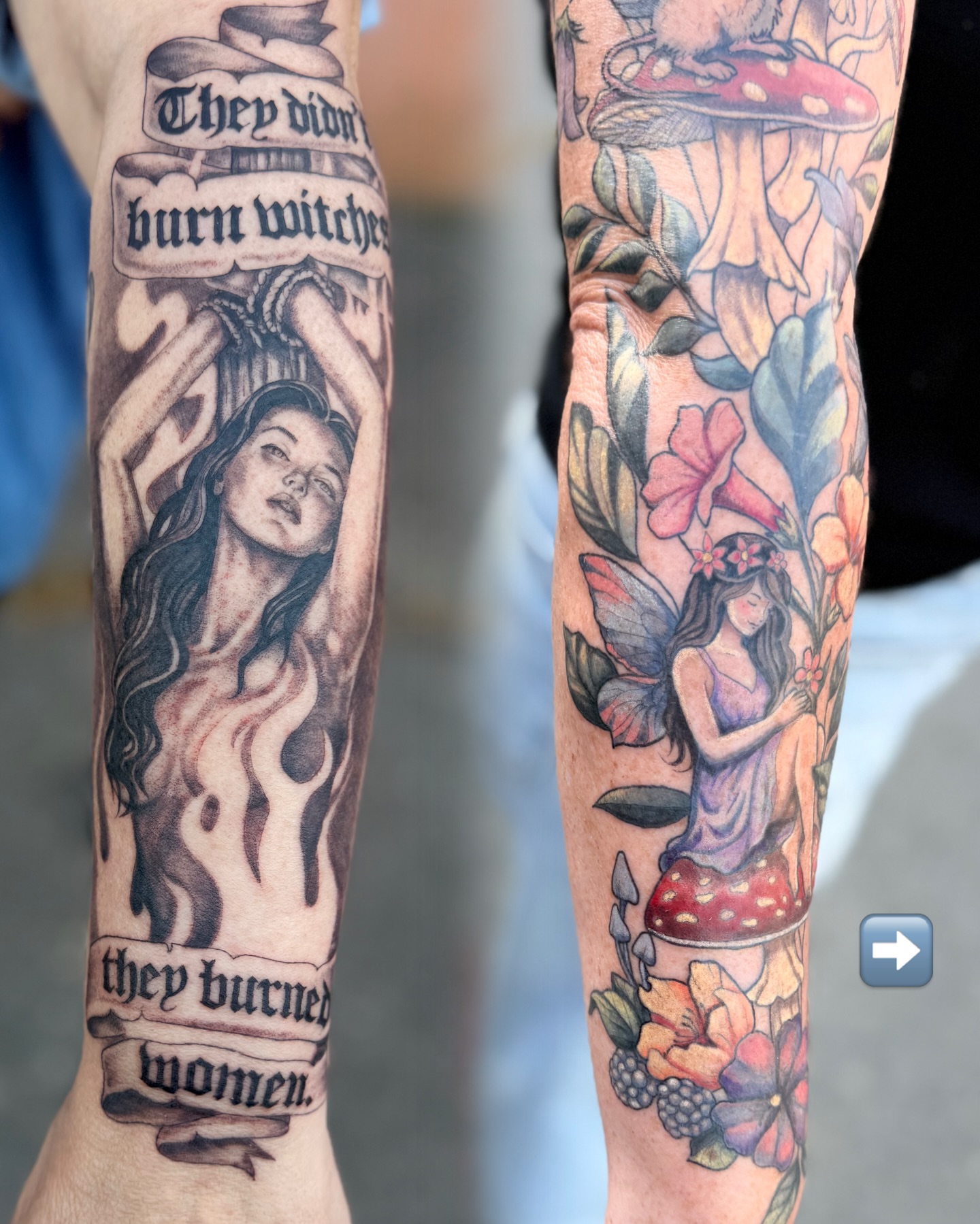 Burned women realism tattoo on the forearm by Maggie George