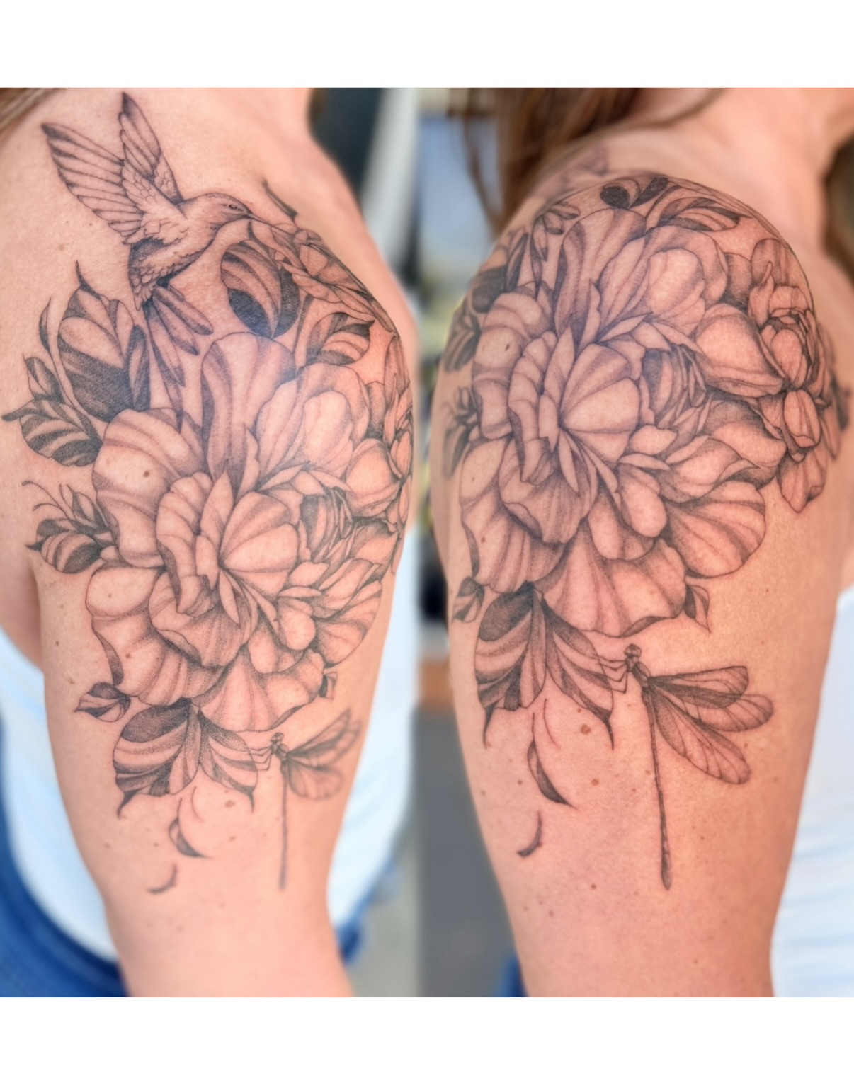 Floral bouquet realism tattoo on the shoulder by Maggie George