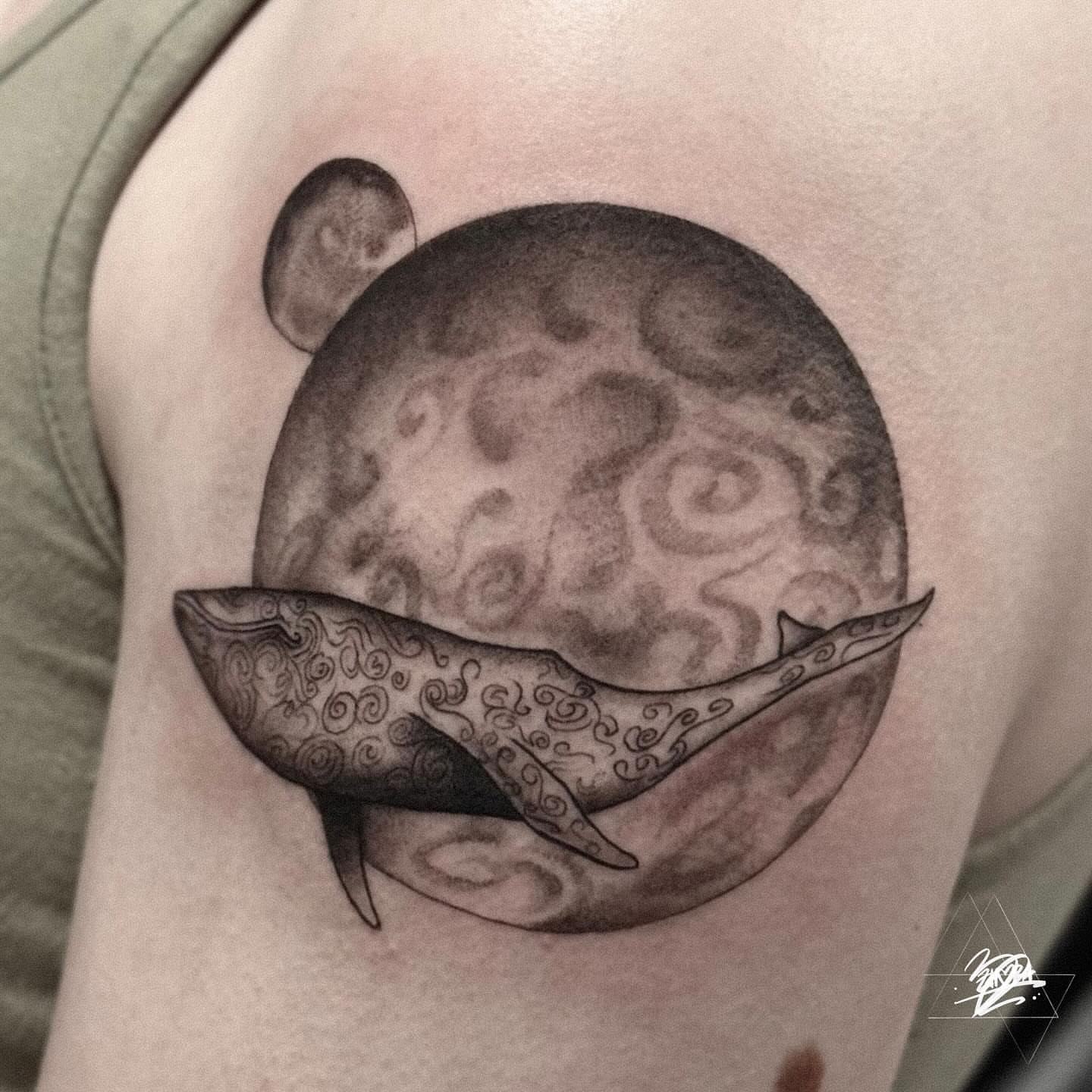 Whale and moon black and grey tattoo on the shoulder by Zhorana Devi