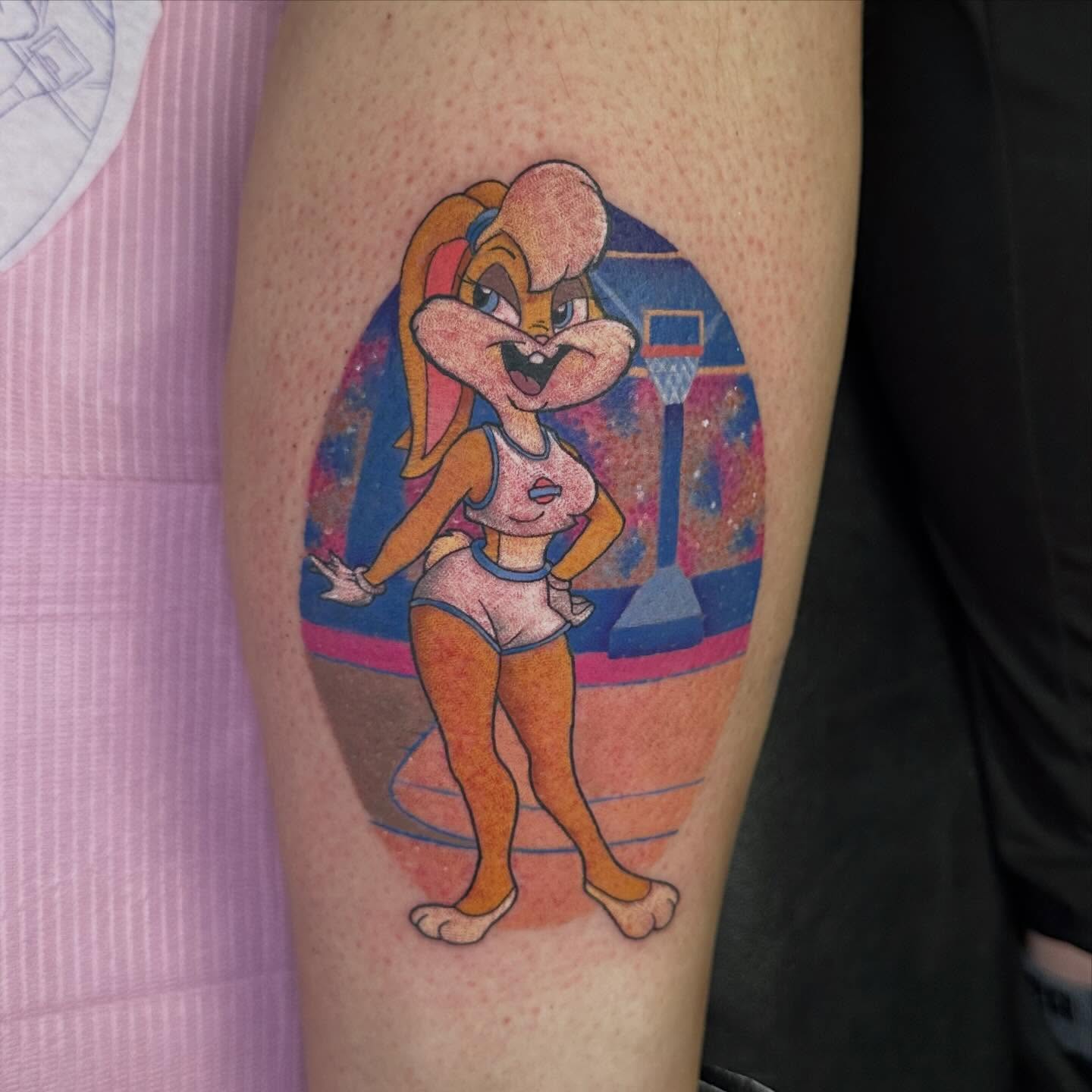 Looney tunes character illustrative tattoo on the thigh by Victoria Parsons, Clarksville, Indiana