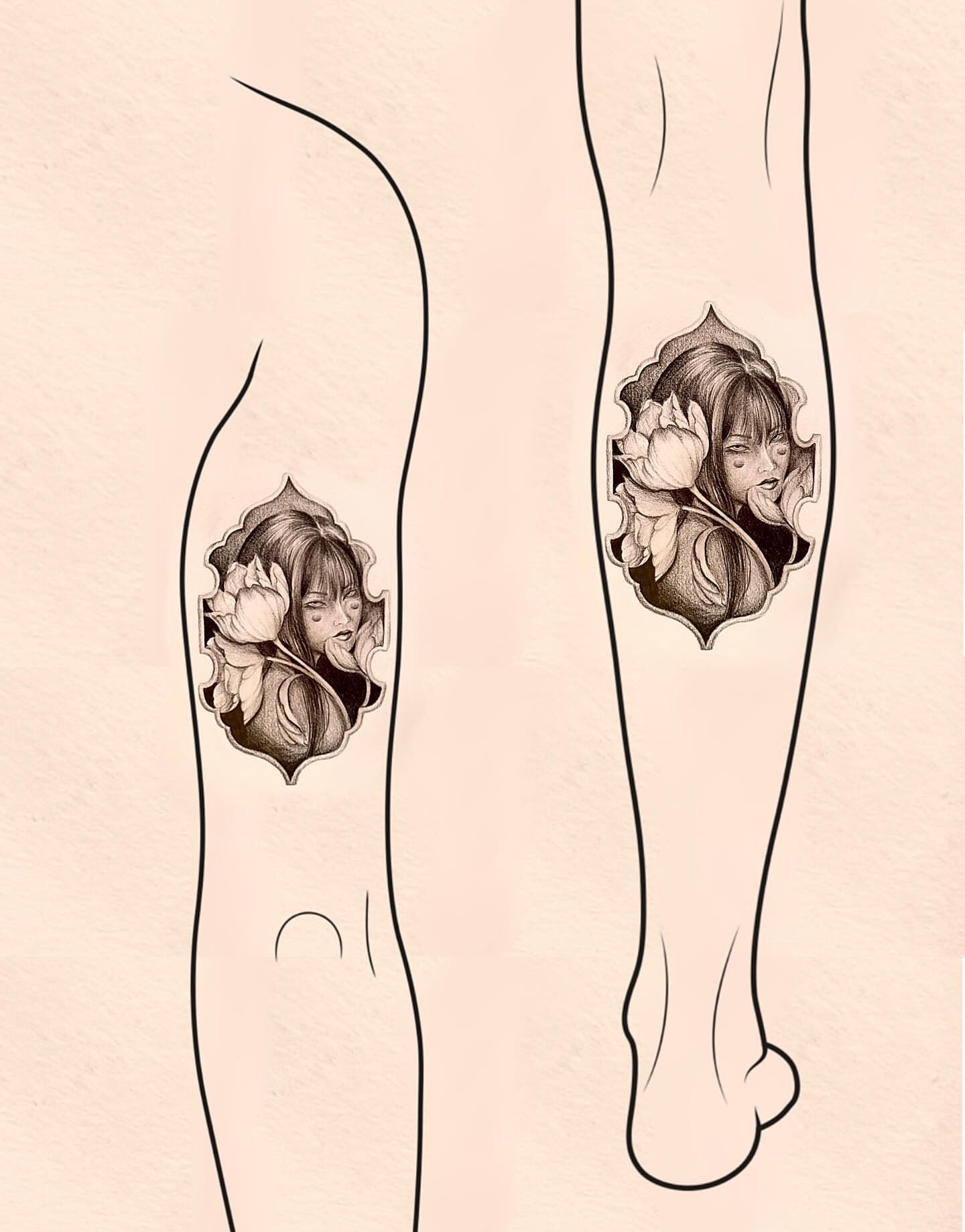 Woman with flowers realism tattoo on the leg by Nicki Yến