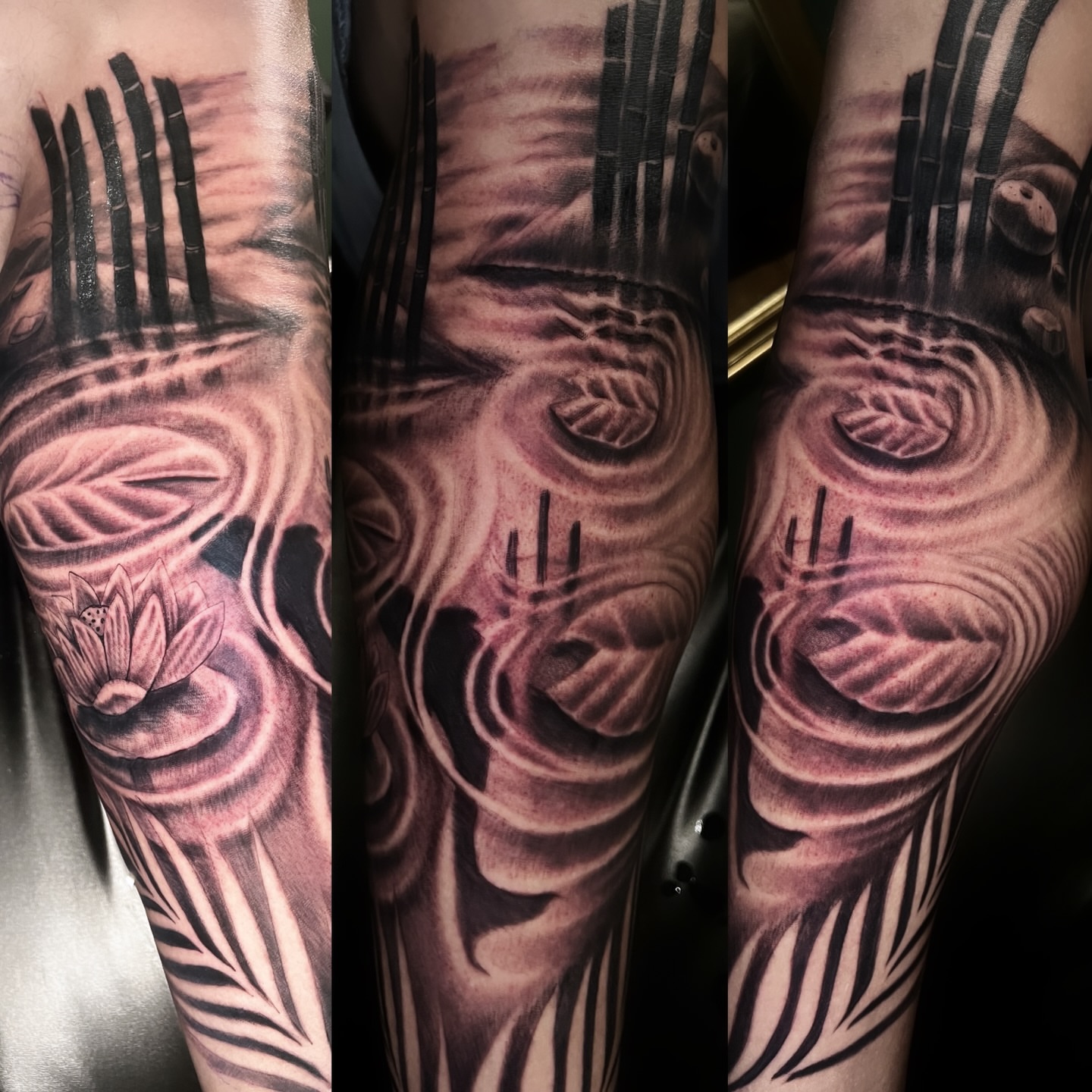 Abstract swirls and lotus realism tattoo on the forearm by Monstro Ink Arts Tattoos, Bakersfield, California
