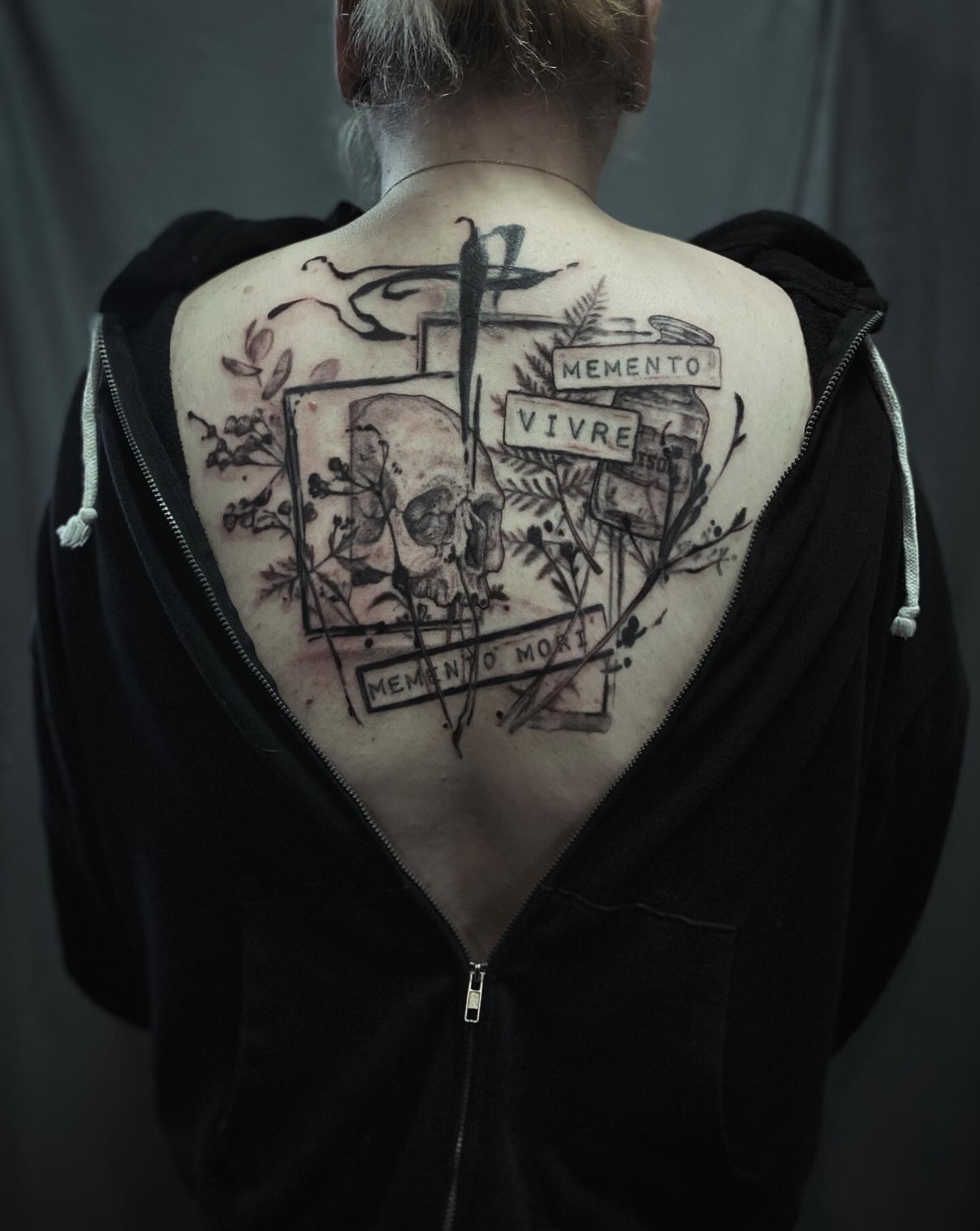 Memento mori black and grey tattoo on the back by Dana Jones