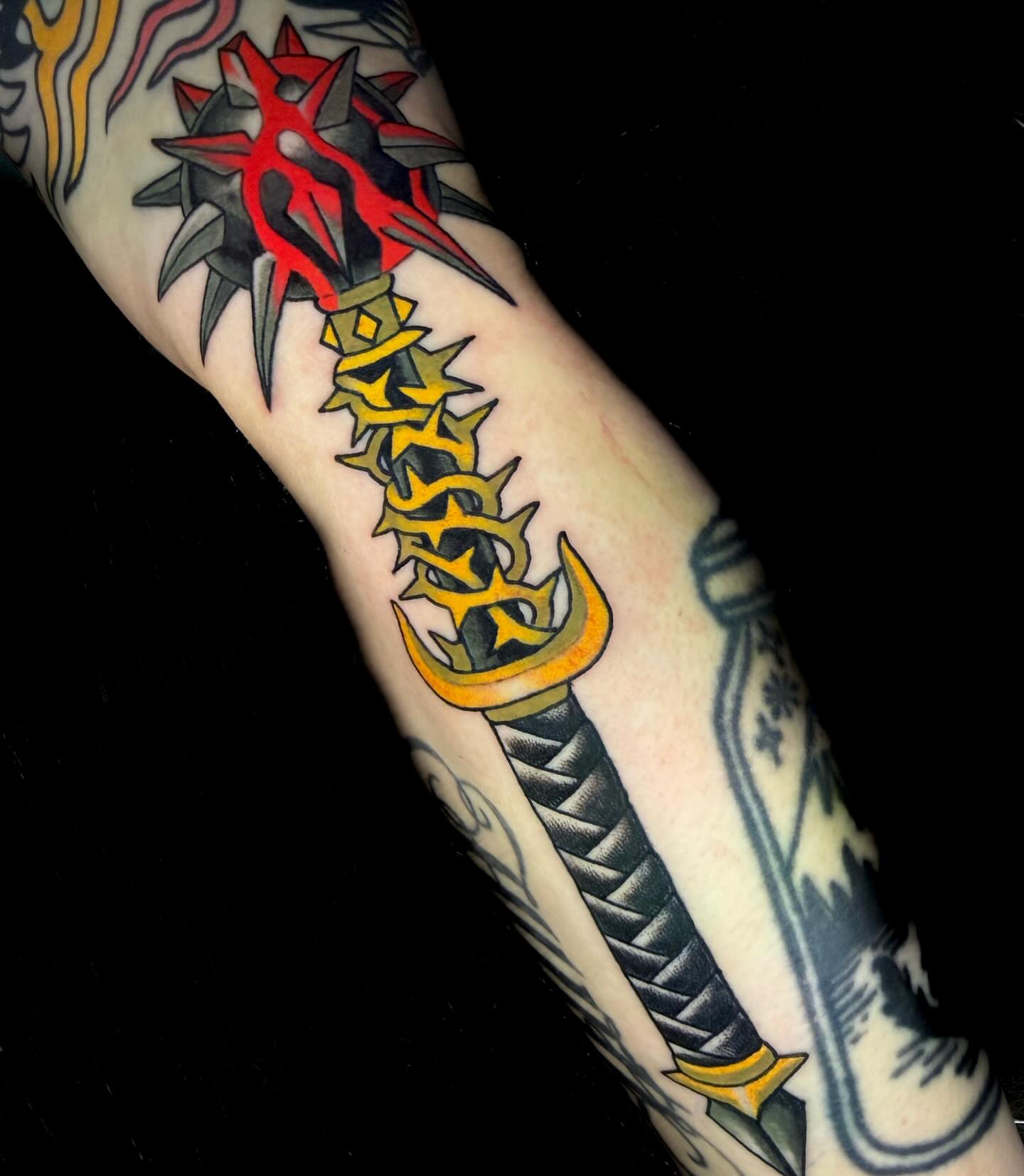 Sword American traditional tattoo on the forearm by Hayden Combs