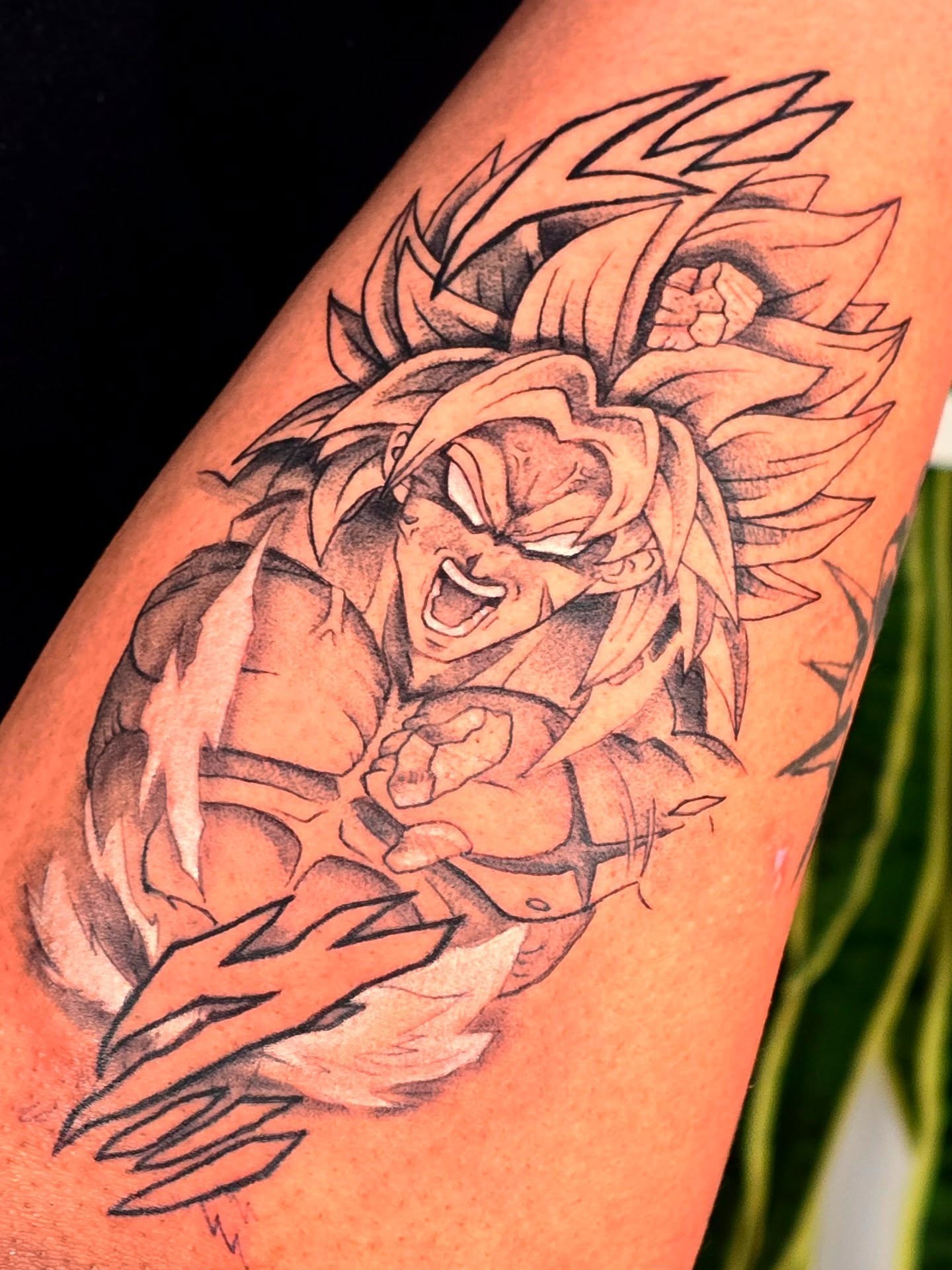 Dragon ball character black and grey tattoo on the forearm by Scribbles (Teala René), Charlotte, North Carolina