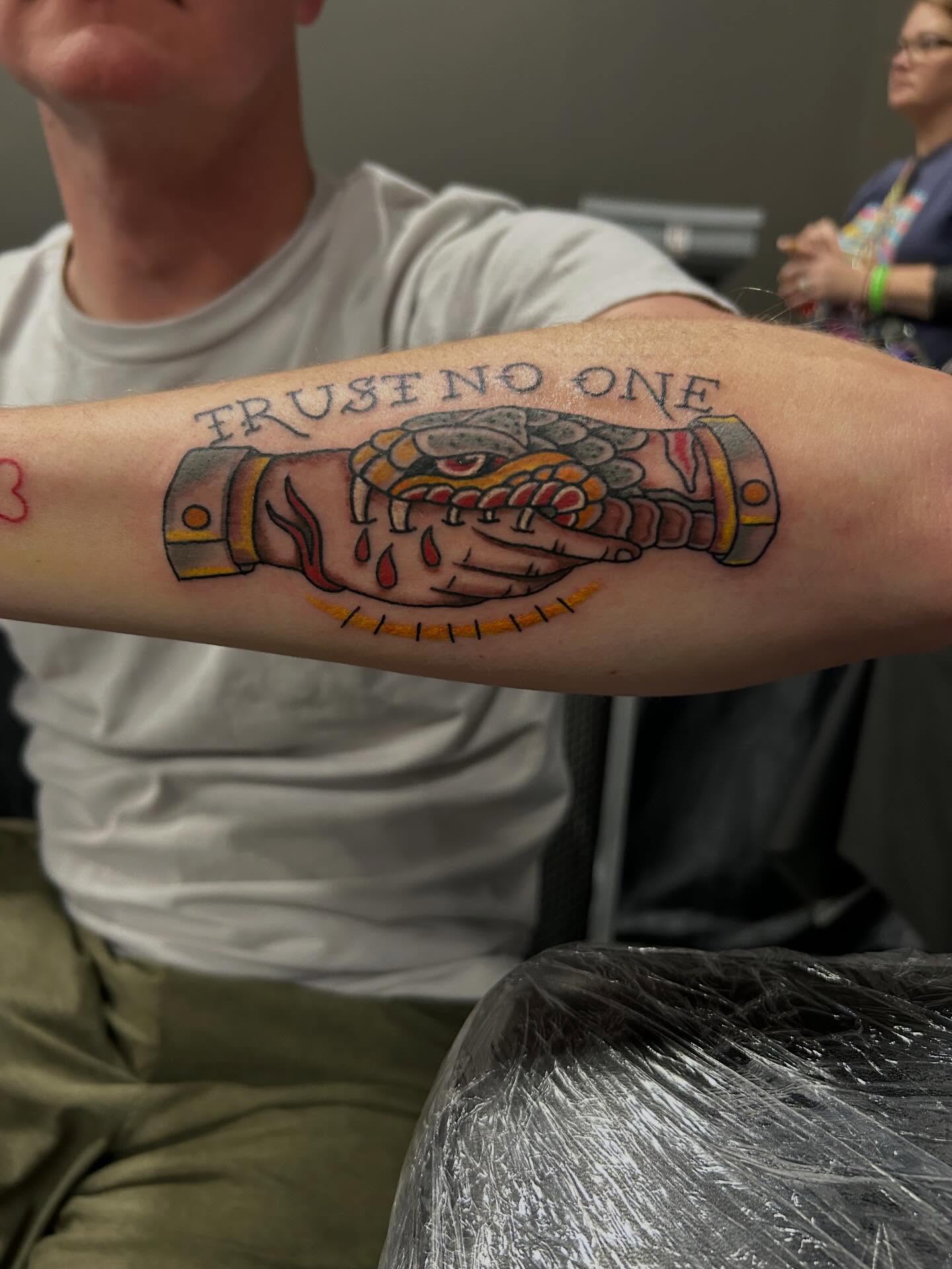 Crocodile American traditional tattoo on the forearm by Cyko Hernandez