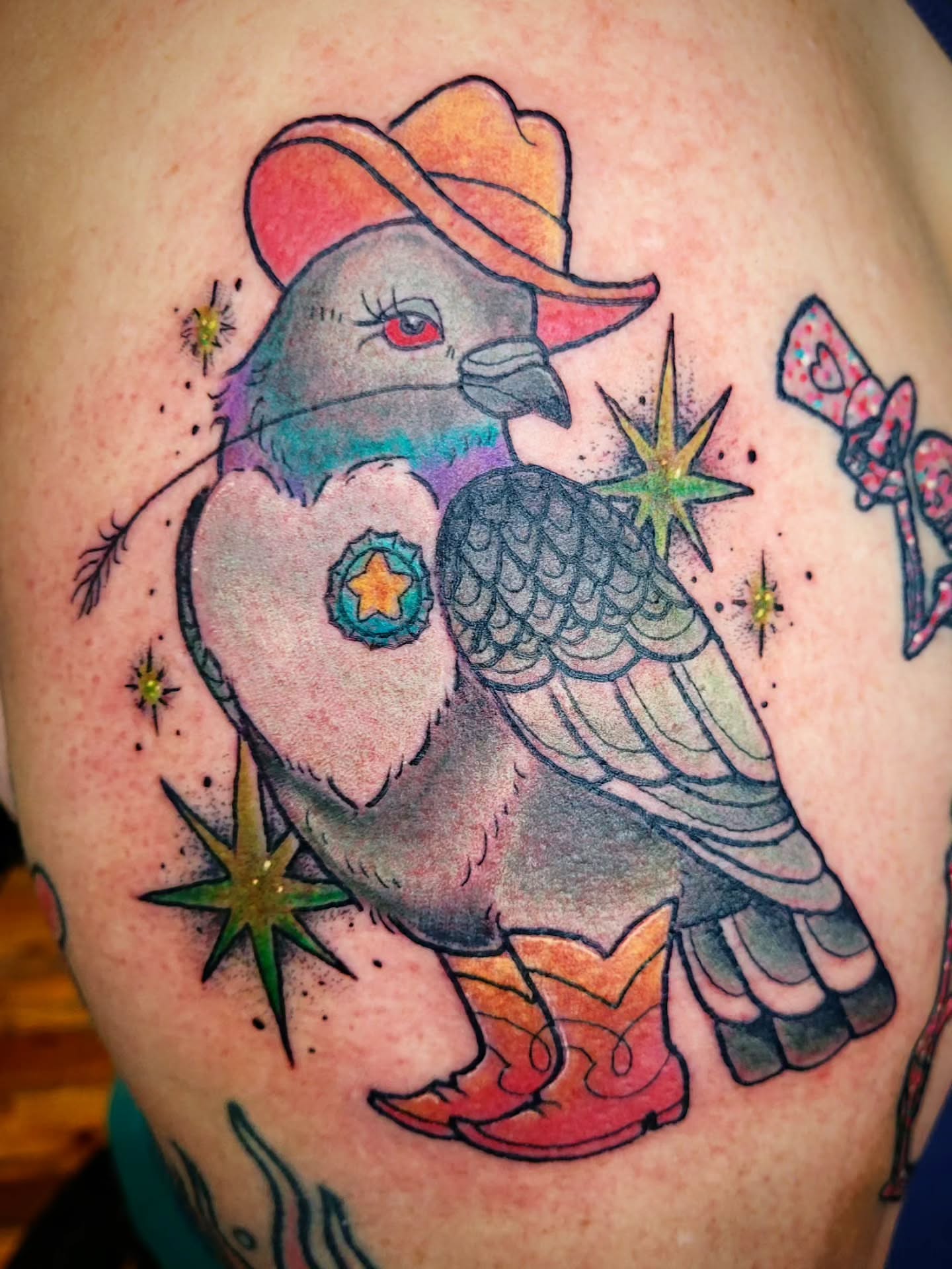 Pigeon wearing cowboy hat American traditional tattoo on the thigh by Ashley Thomas, Midvale, Utah