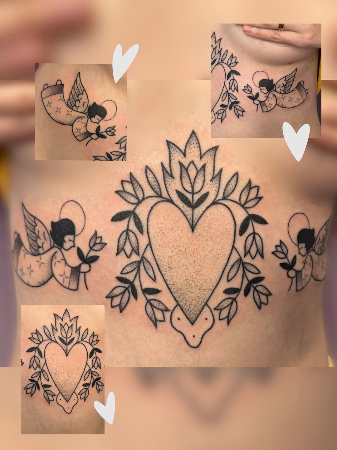 Heart with floral elements and angels ornamental tattoo on the ribs by ꧁꧁Hayley꧂꧂
