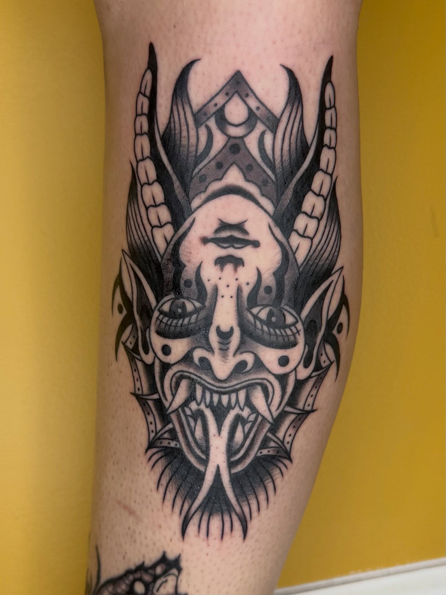 Mask black and grey tattoo on the forearm by @chrisskon, Carpentersville, Illinois