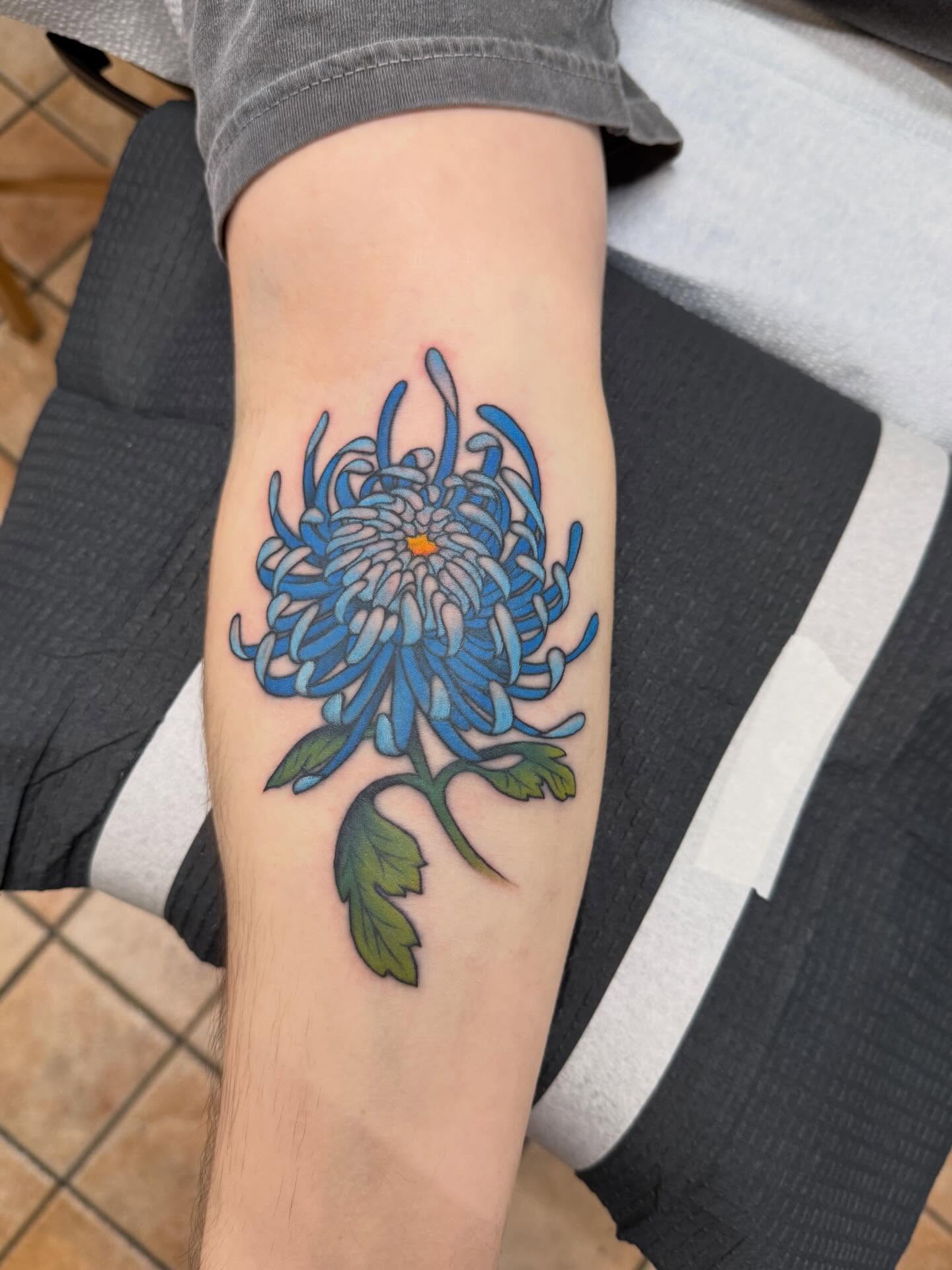 Chrysanthemum dotwork tattoo on the forearm by Matt Paw