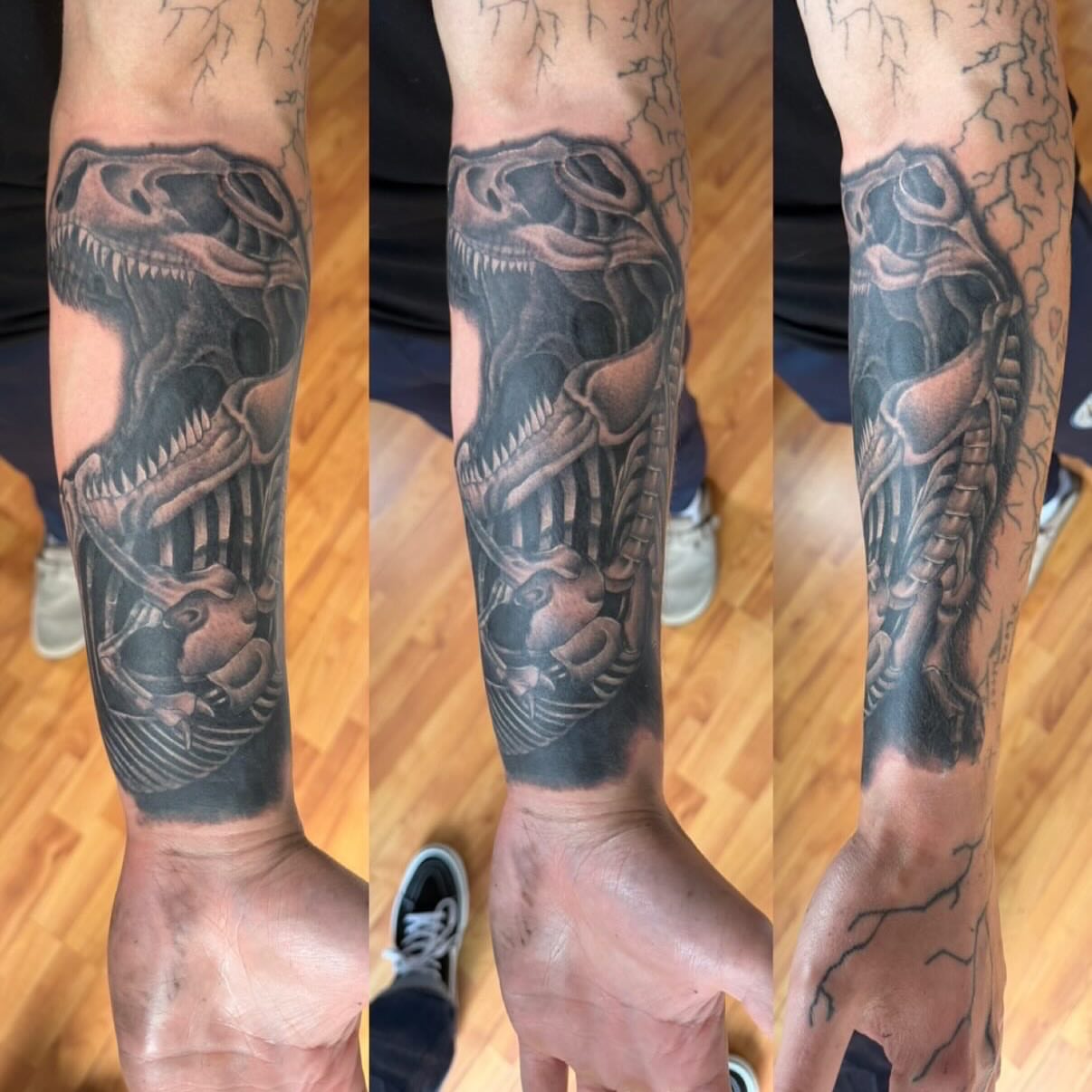 Dinosaur skeleton realism tattoo on the forearm by Matt Hattaway