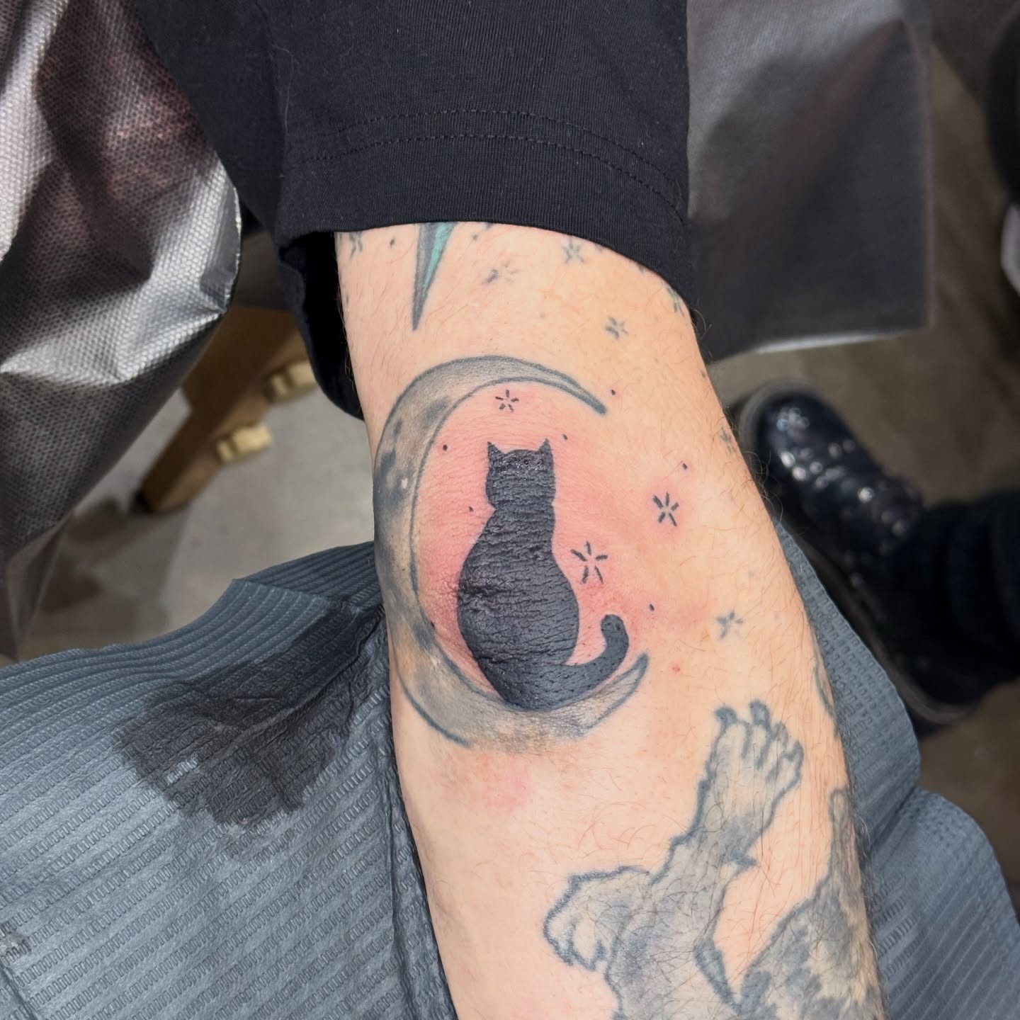 Cat silhouette black and grey tattoo on the forearm by Mo