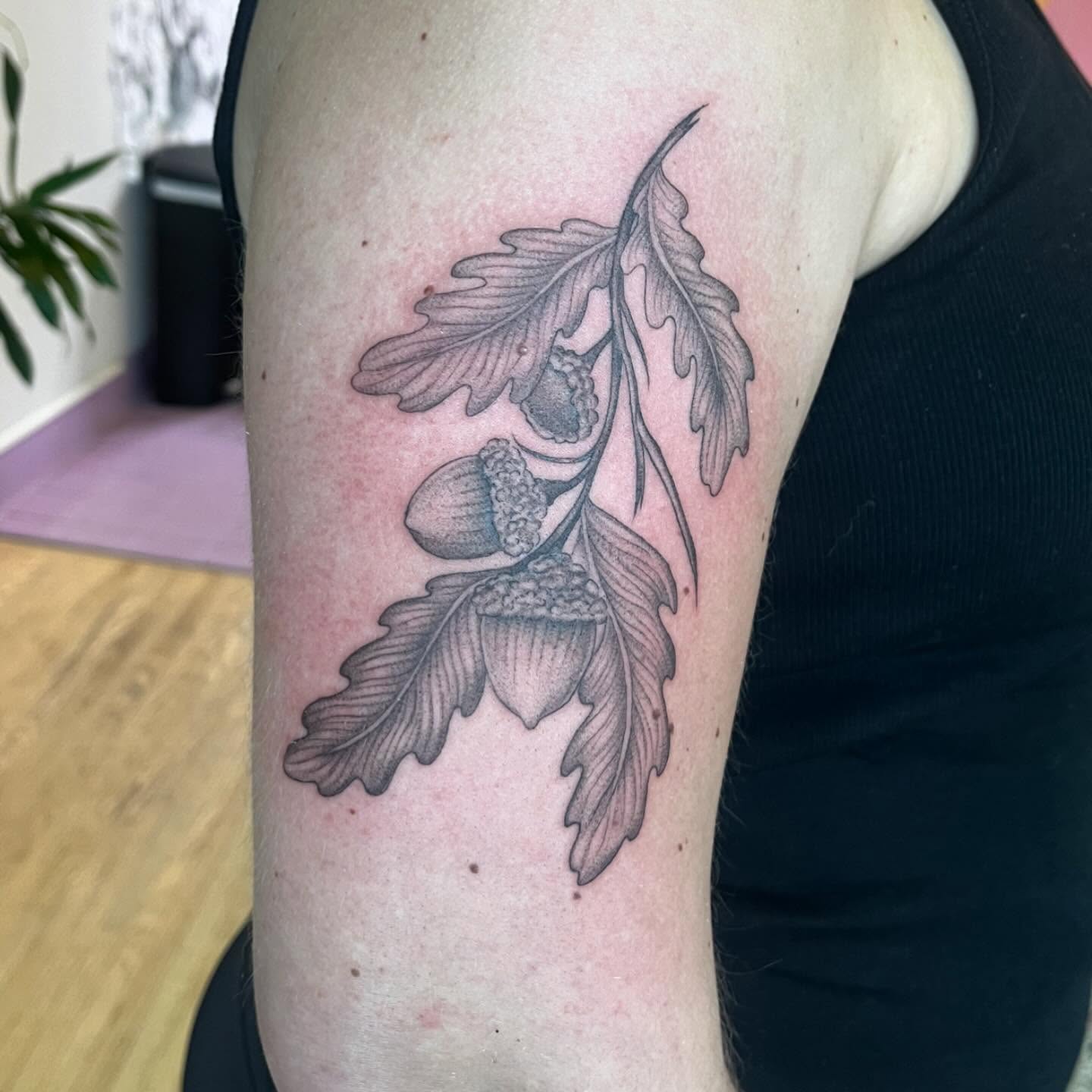 Acorns and oak leaves black and grey tattoo on the forearm by 🌼DaisyDaiz🕸️