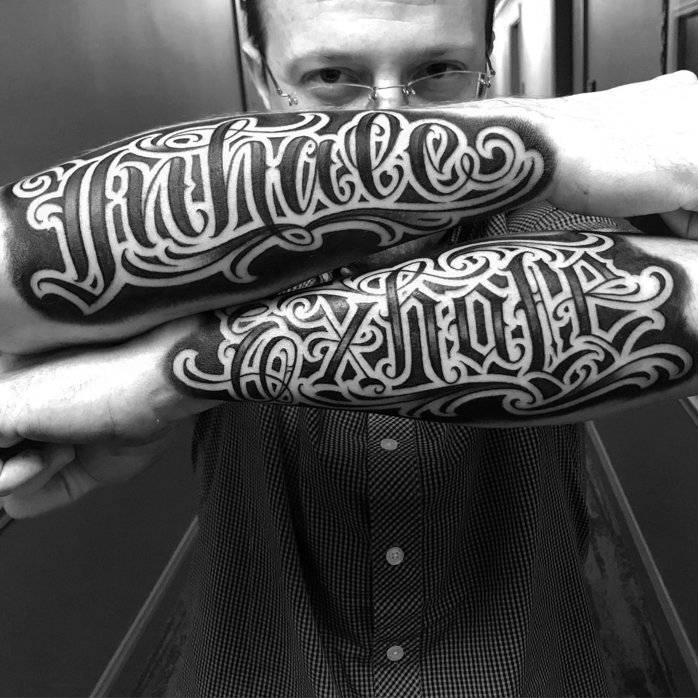 Script lettering lettering script tattoo on the forearm by F e A R