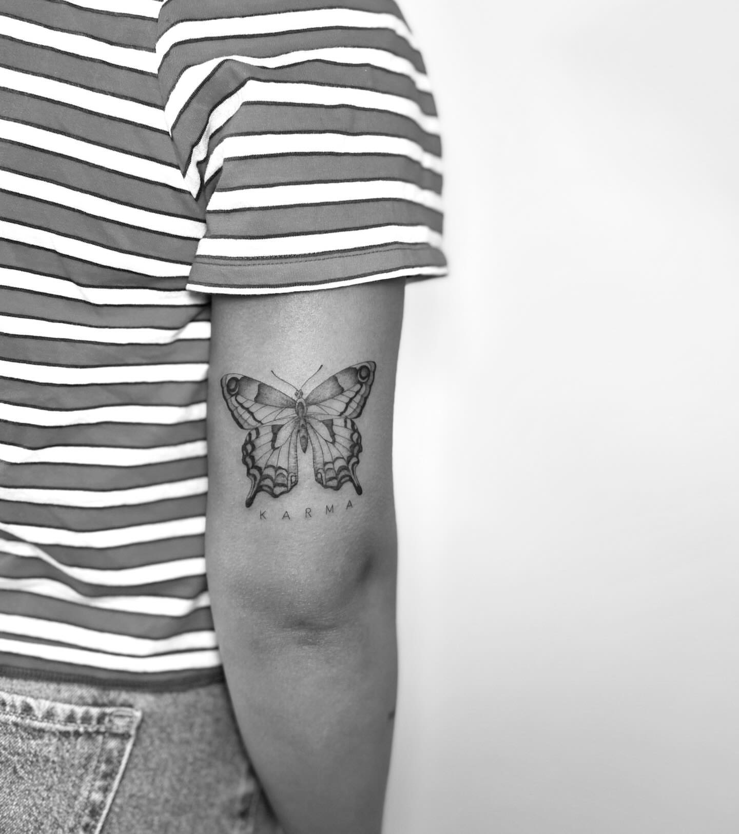 Butterfly black and grey tattoo on the forearm by L i v π Tattoo Artist. AMITY TATTOO