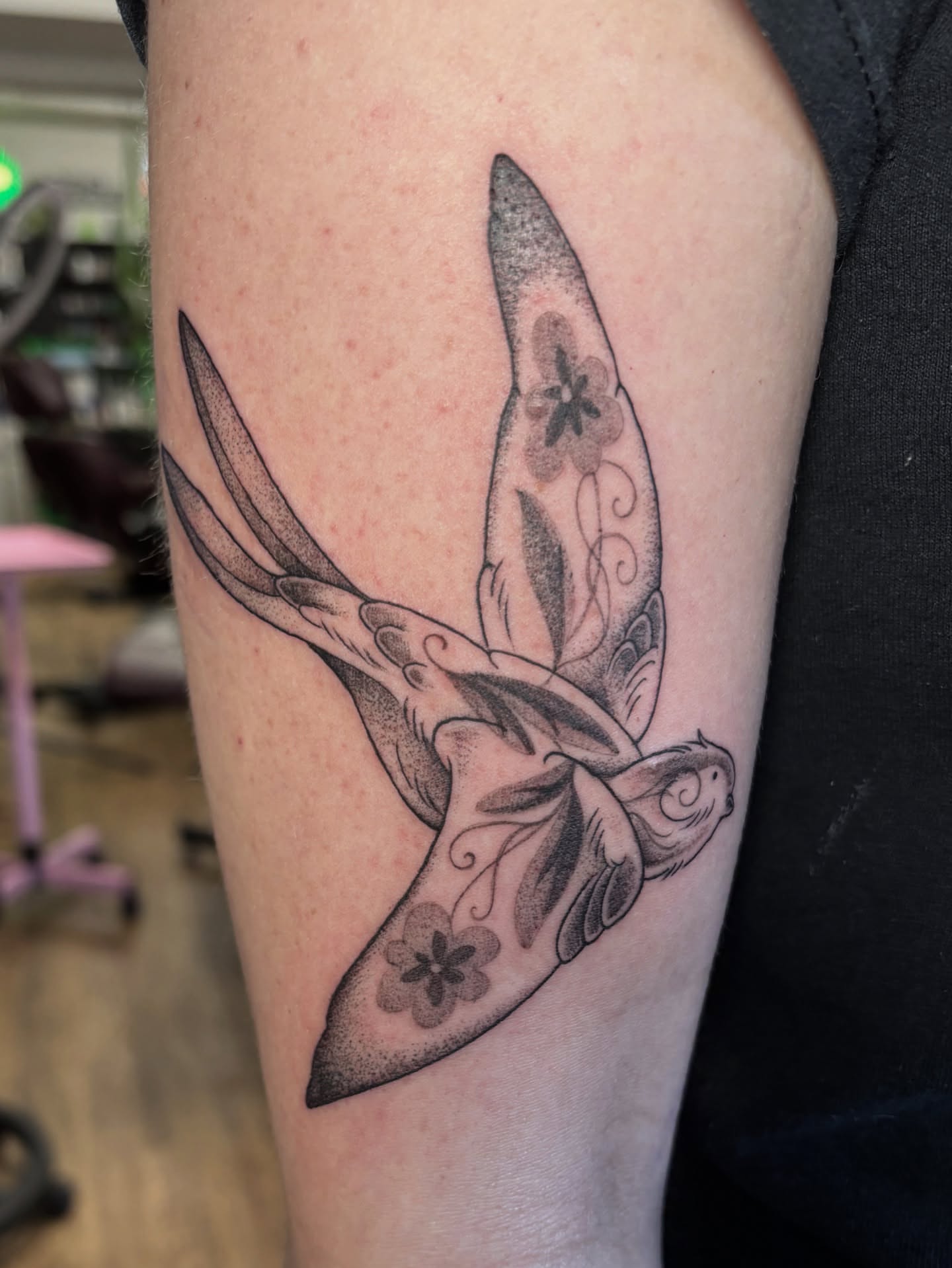 Tinker Bell black and grey tattoo on the forearm by katie, Seattle, Washington