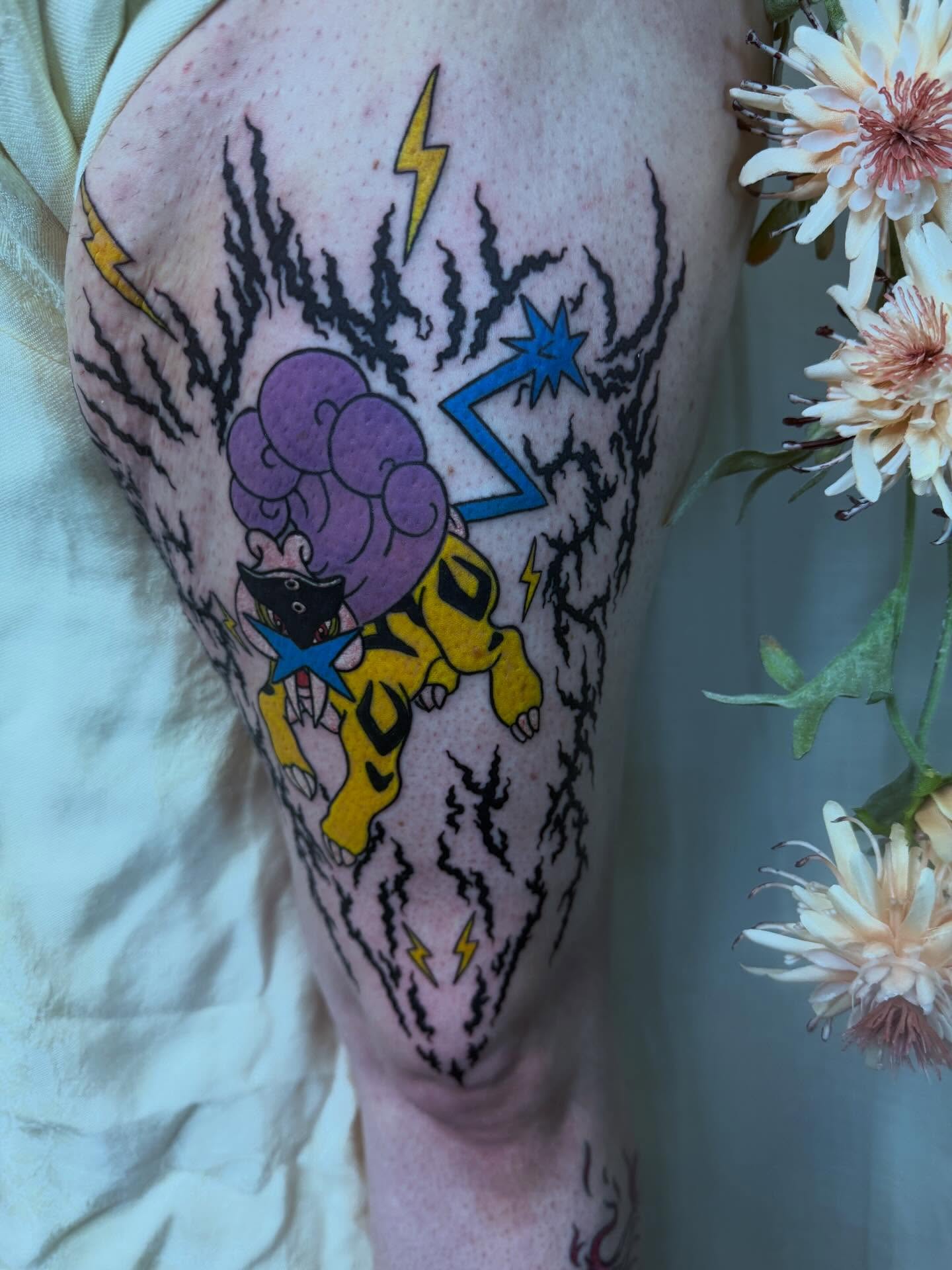 Electric storm new school tattoo on the thigh by Skitty Tattoo Artist