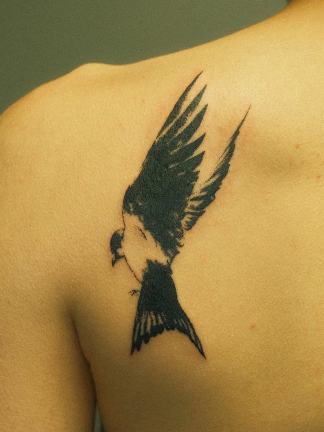 Swallow bird fine line tattoo on the shoulder by Thiên Hồ