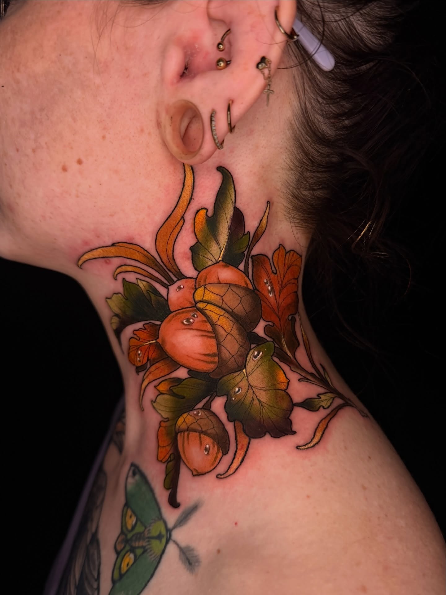 Pumpkins and leaves American traditional tattoo on the neck by Rebecca Joy ❋ Tattoo Artist