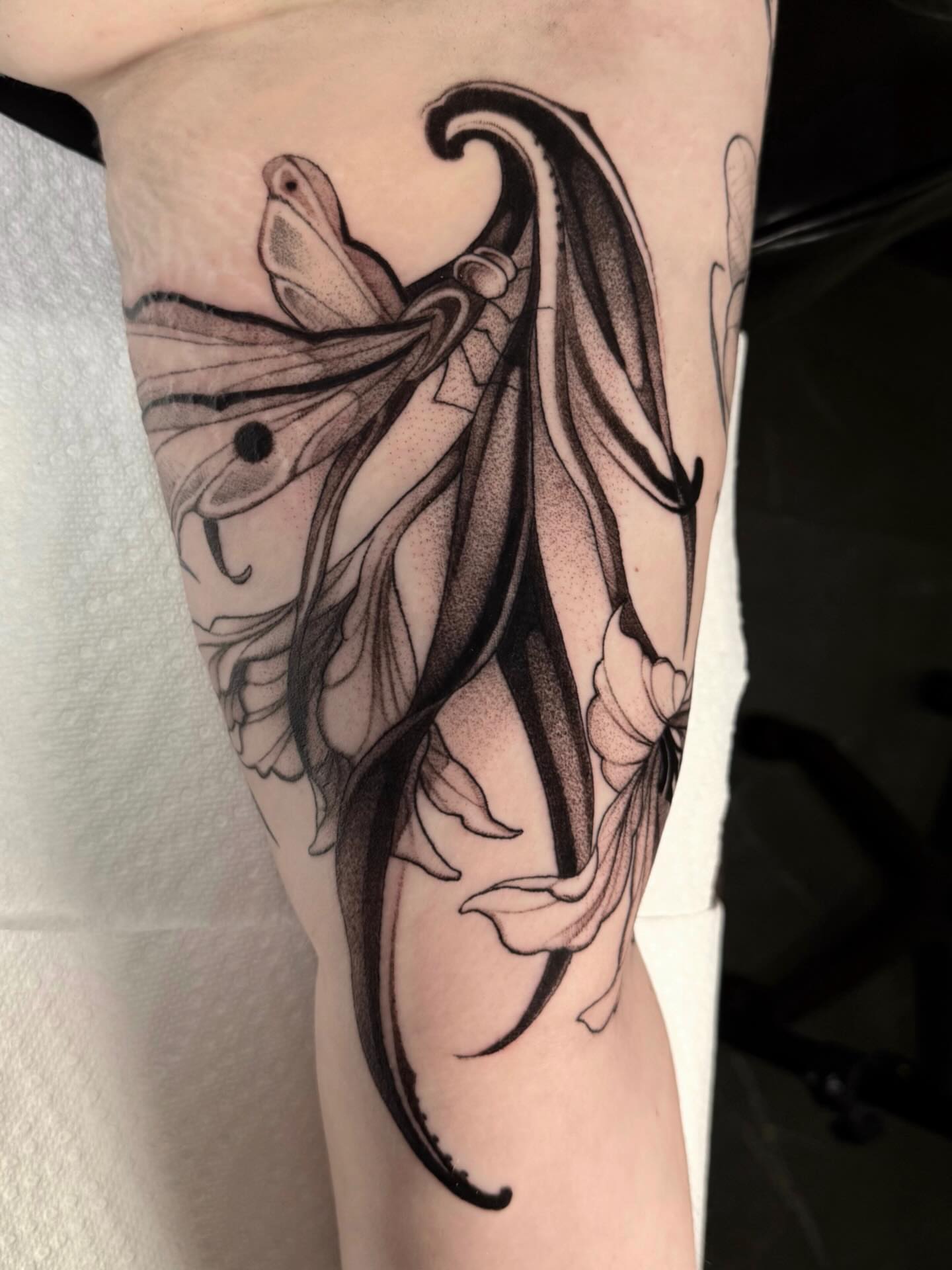 Dragon dotwork tattoo on the forearm by jada