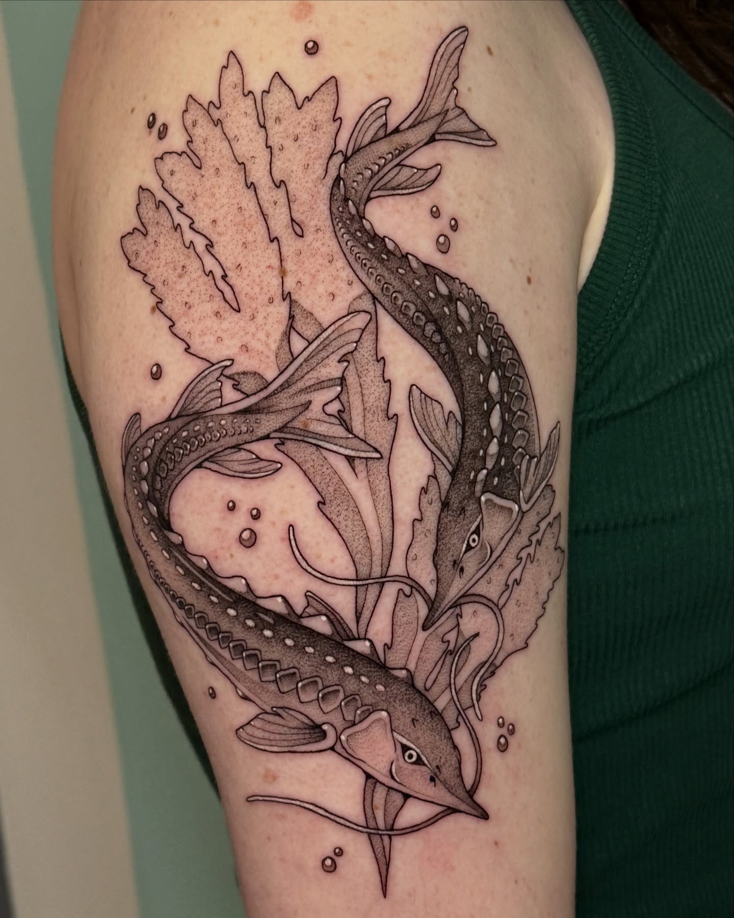 Sturgeon and seaweed black and grey tattoo on the forearm by Connor🍄🏳️‍⚧️