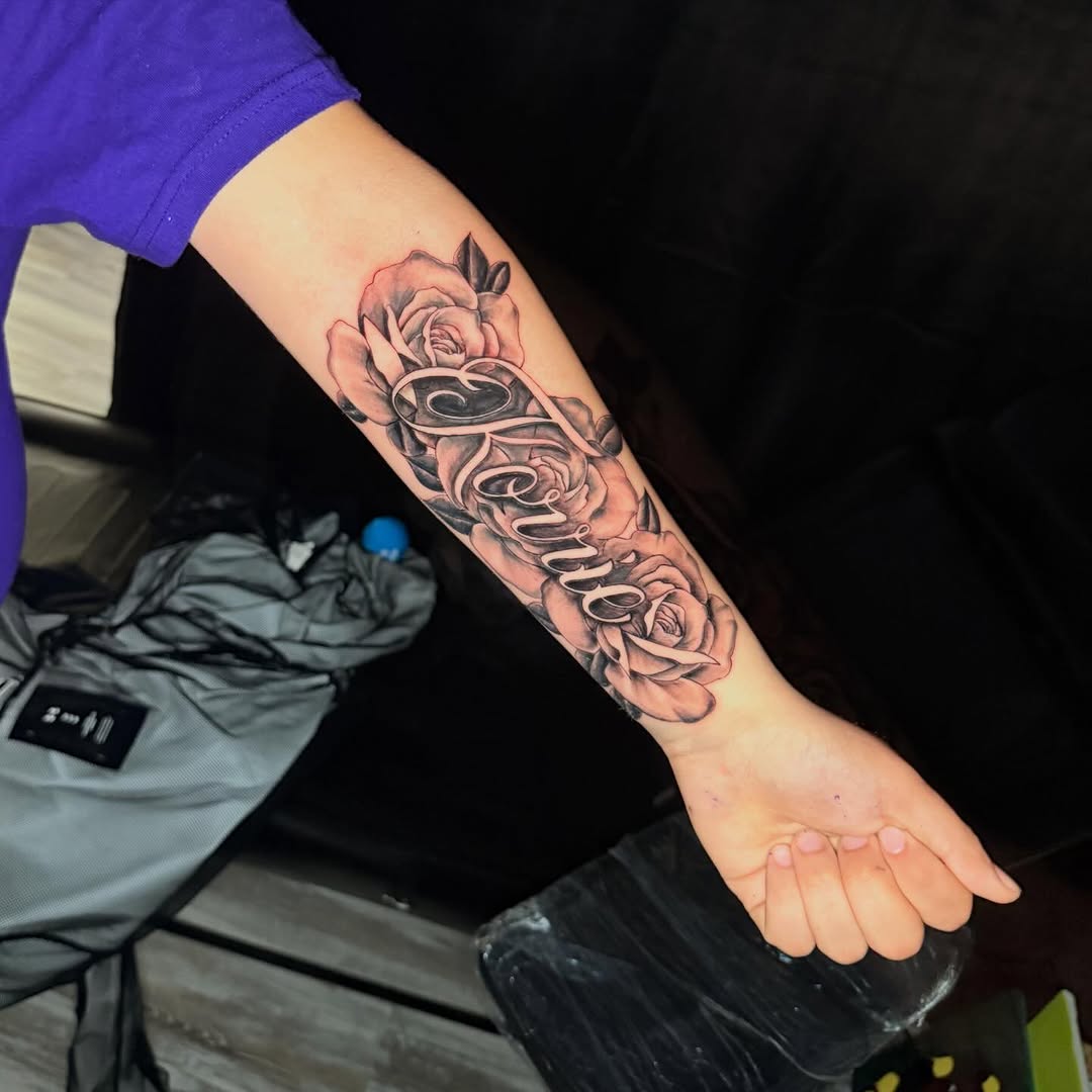 Tattoo by @tatgirlbreezus — lettering_script, black_and_grey