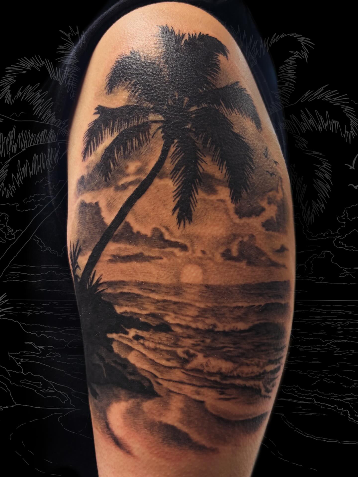 Sunset with palm tree realism tattoo on the forearm by πππ₯π πππππͺ kΚ