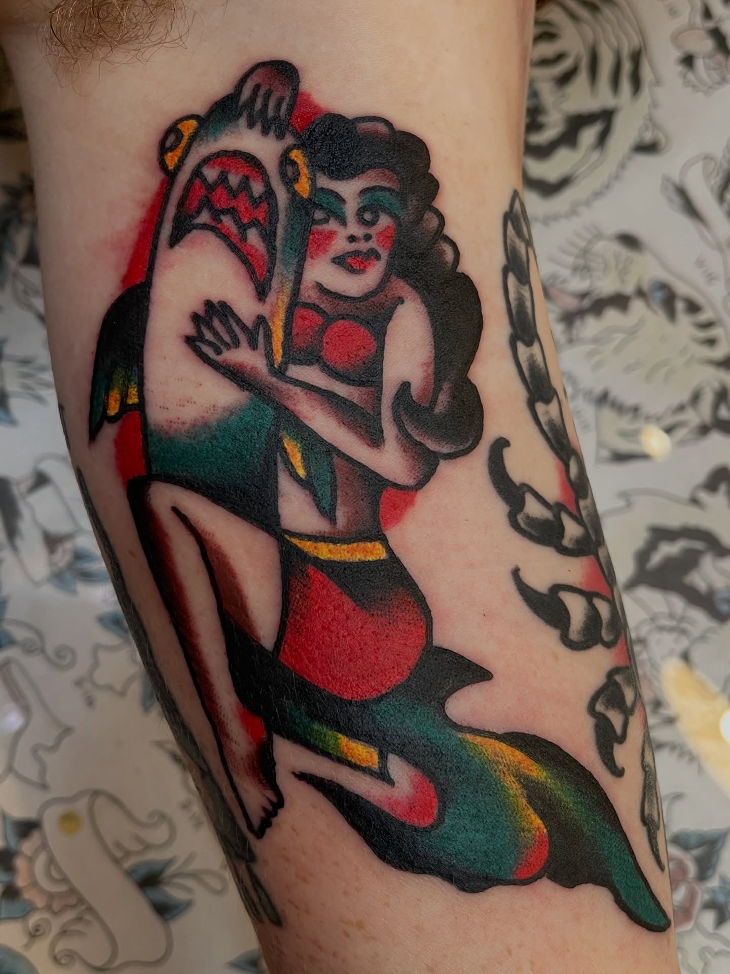 Mermaid and shark American traditional tattoo on the forearm by Alex Garcia - Sac City Tattoo