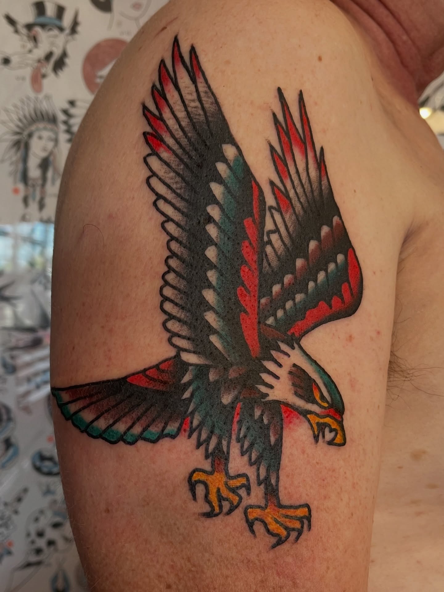 Eagle American traditional tattoo on the shoulder by Alex Garcia - Sac City Tattoo