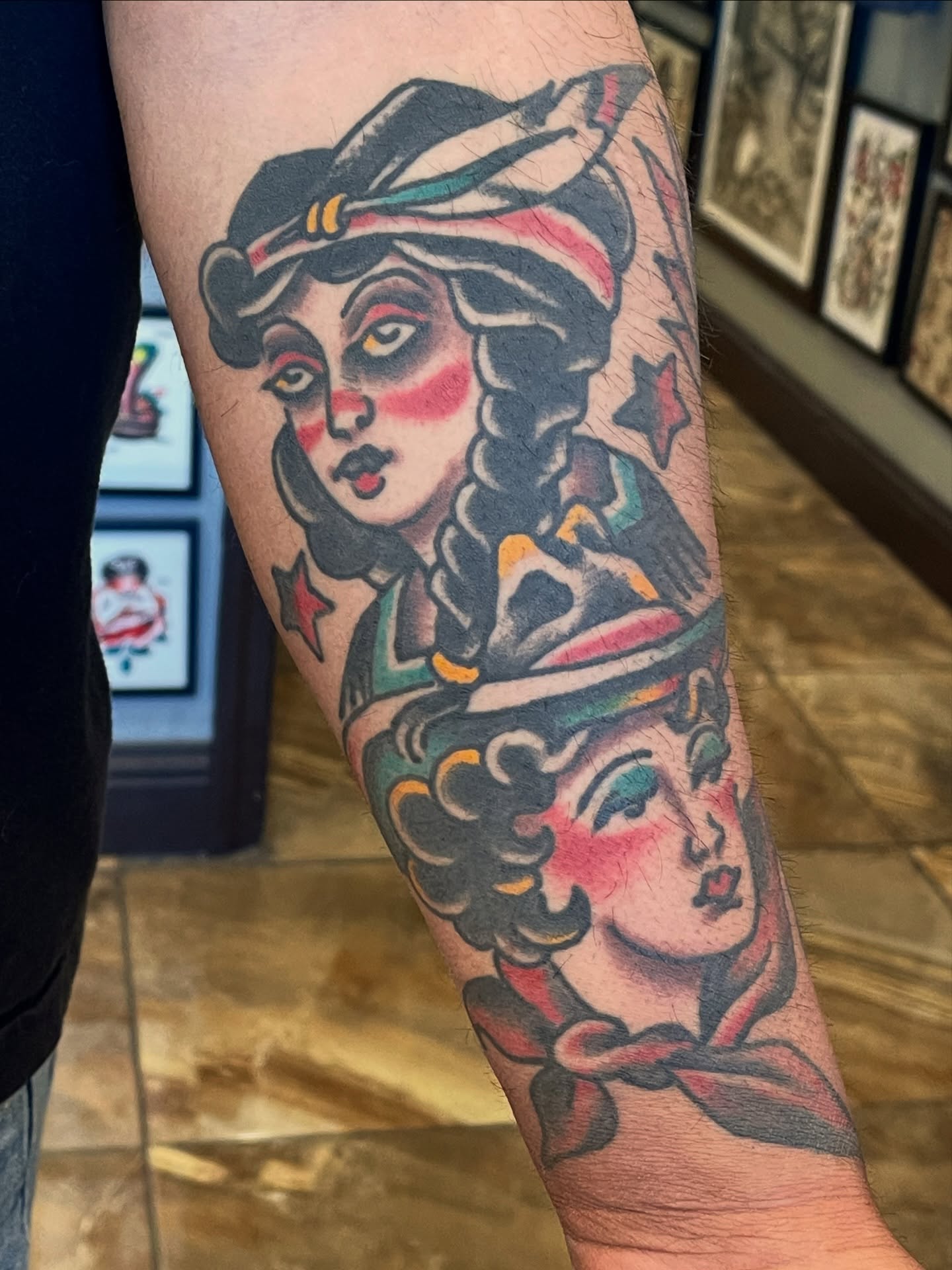 Woman with hat American traditional tattoo on the forearm by Alex Garcia - Sac City Tattoo