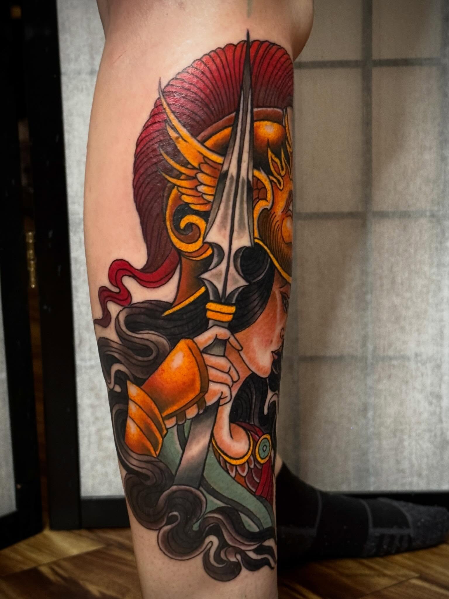 Warrior with spear American traditional tattoo on the forearm by Tattooer by Trade Wannabe Artist at Heart