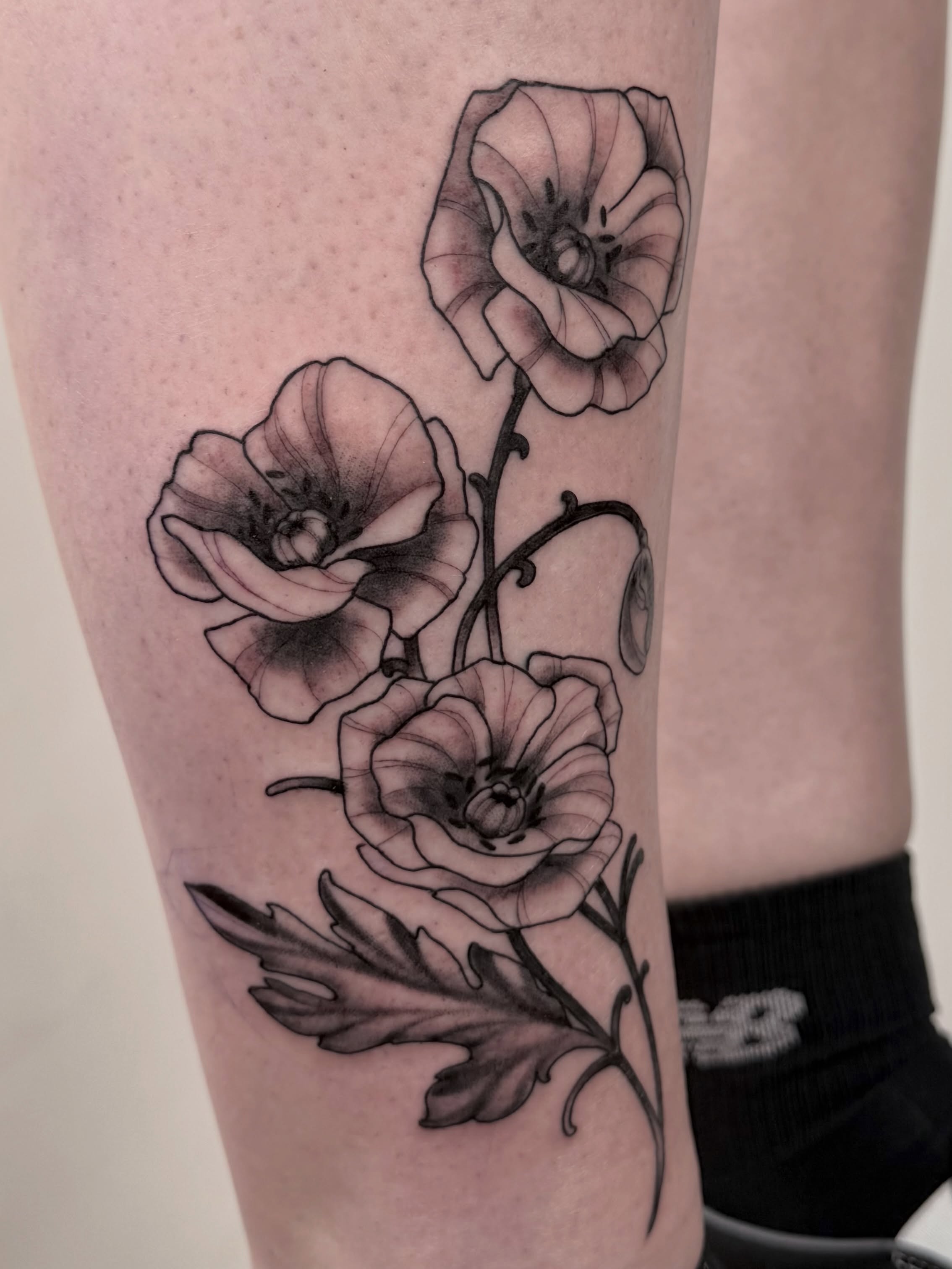 Poppy flowers black and grey tattoo on the forearm by autumn sky