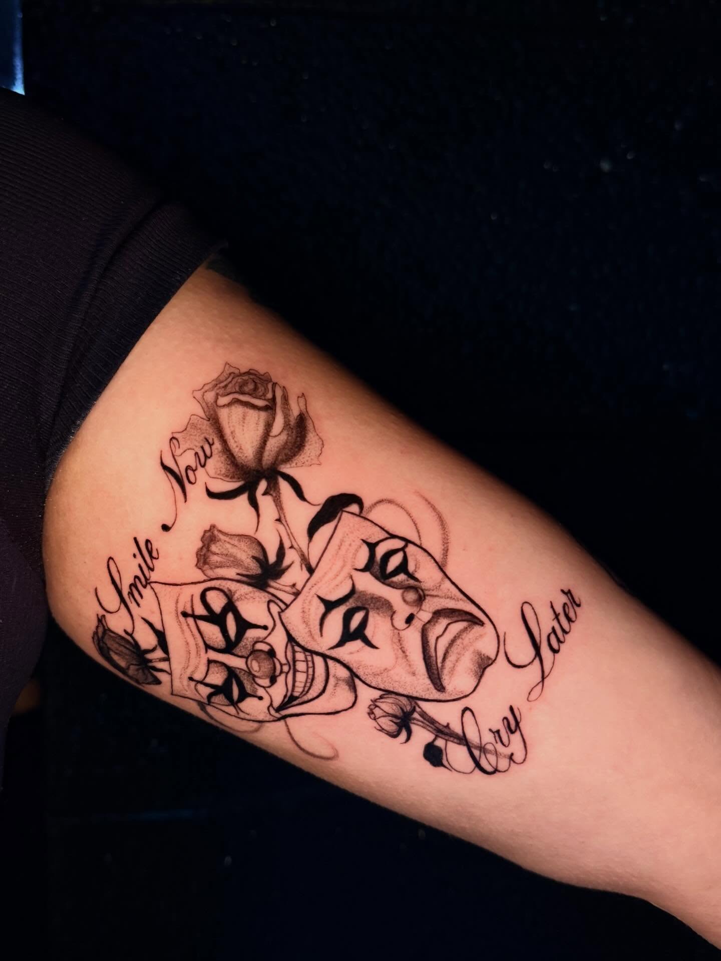 Mask and roses black and grey tattoo on the forearm by ᴍᴀɢɢɪᴇ ✧, Las Vegas, Nevada
