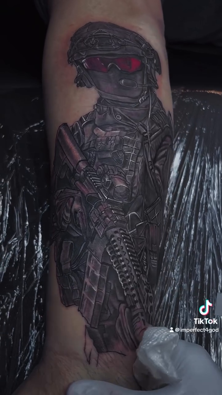 Soldier with rifle realism tattoo on the forearm by Inked By E, Philadelphia, Pennsylvania