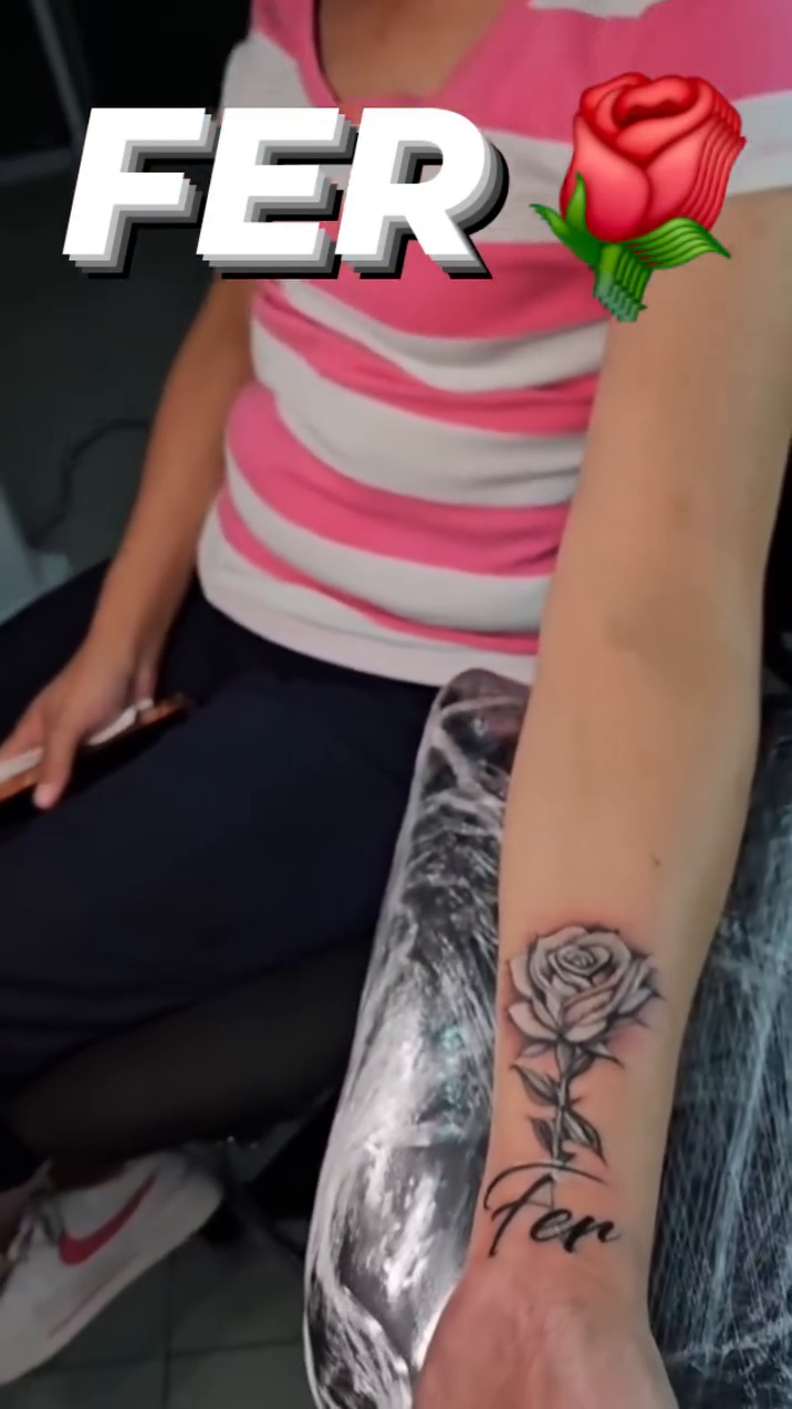 Rose and name fine line tattoo by Aguascali Firme