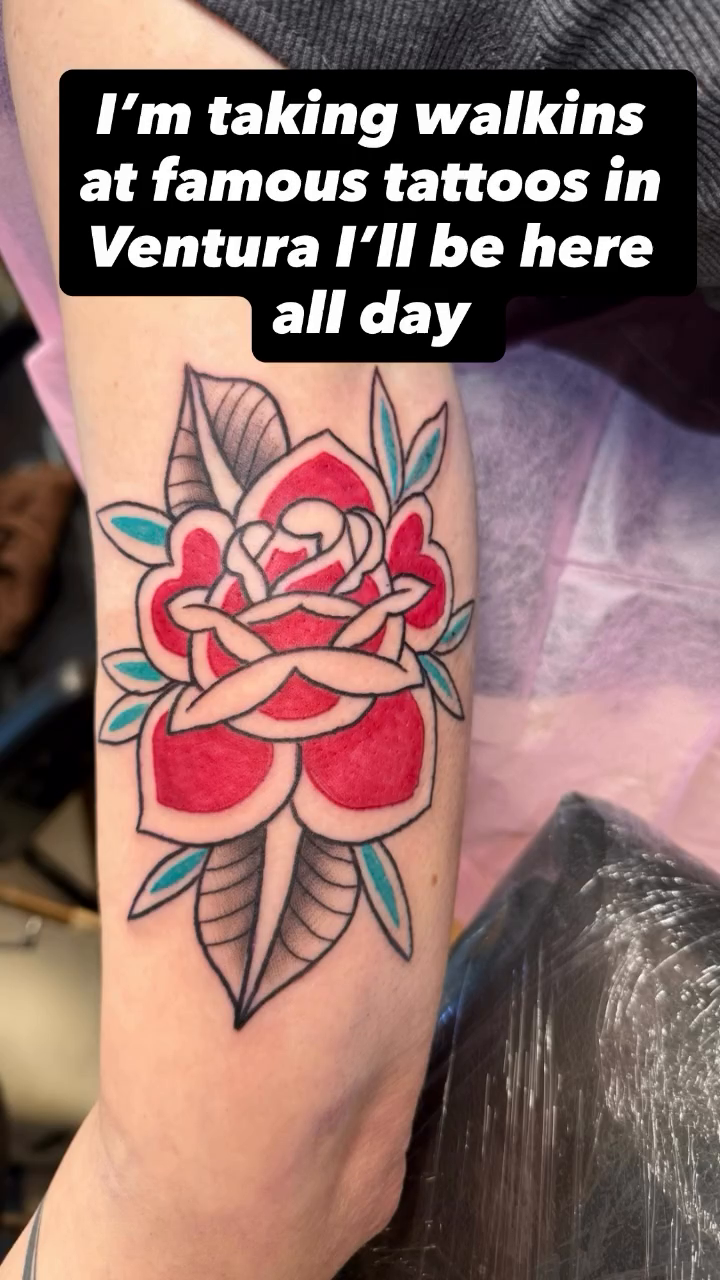 Rose tattoo neo-traditional tattoo on the forearm by Jason Topliss