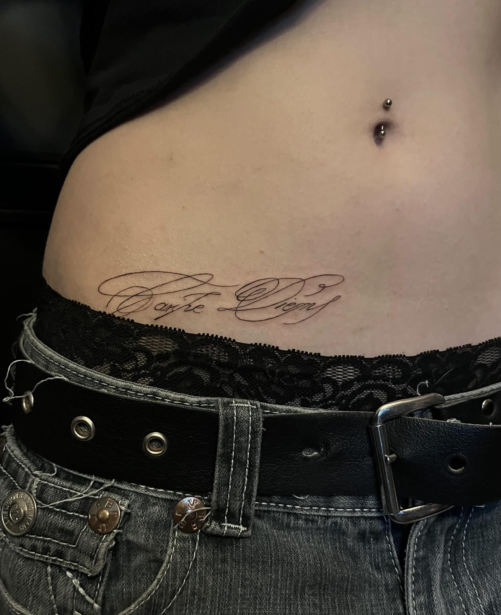 Script lettering lettering script tattoo on the torso by kacper