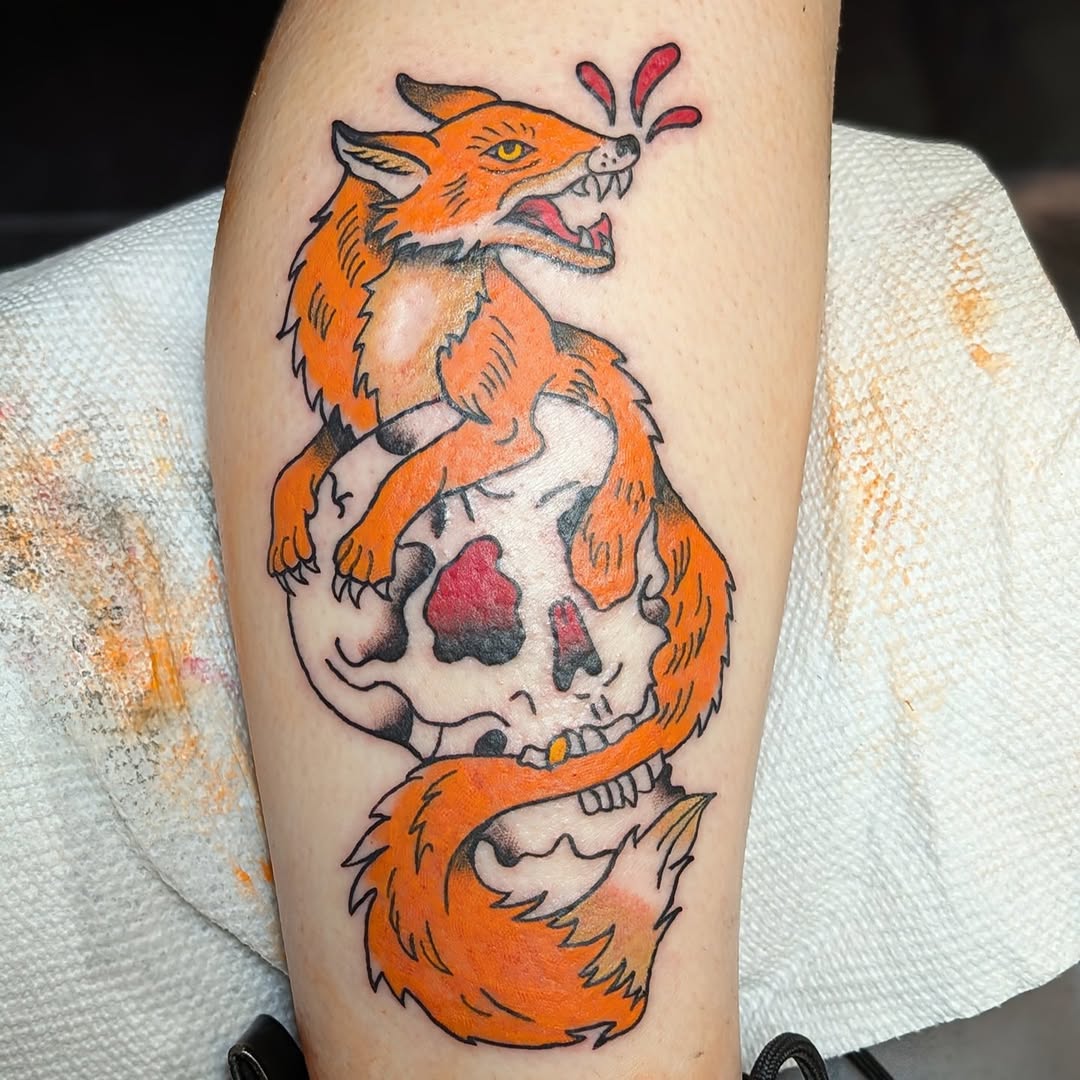 Fox on skull American traditional tattoo on the forearm by Kam