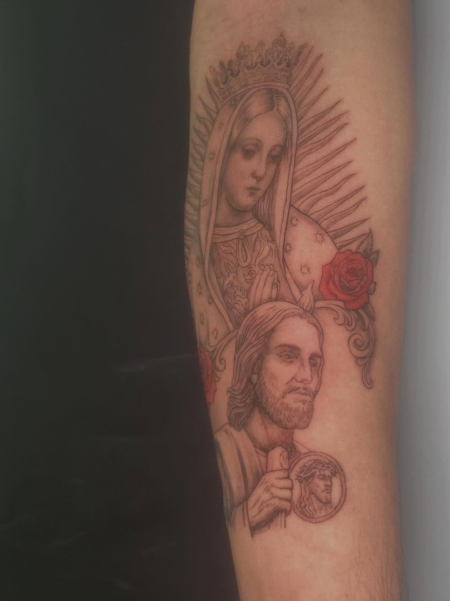 Religious figures black and grey tattoo on the forearm by Javierr Jimenezz