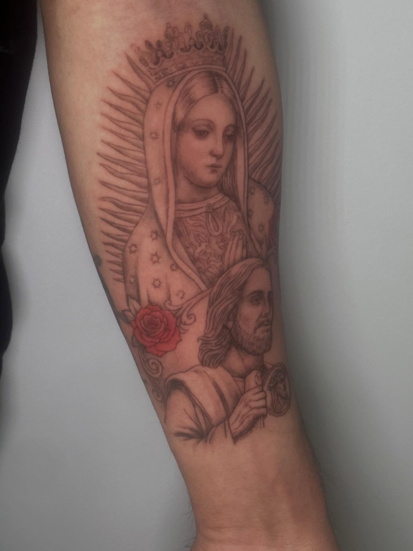 Religious iconography realism tattoo on the forearm by Javierr Jimenezz