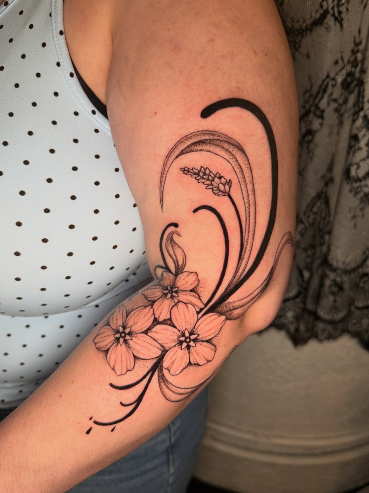 Flowers and wheat black and grey tattoo on the forearm by ✨Syreena✨