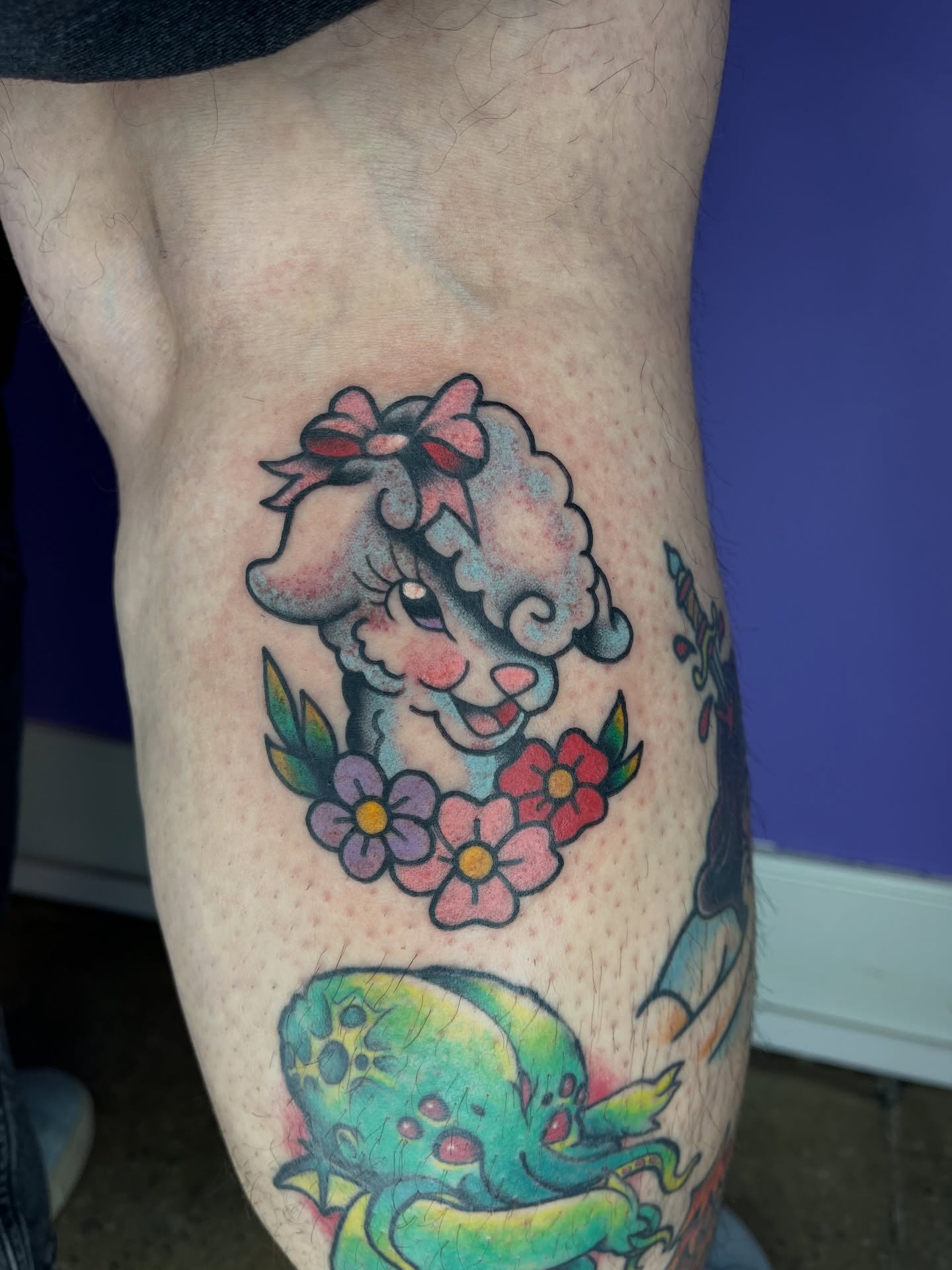 Sheep with flowers new school tattoo on the thigh by Autumn**🍓NOW BOOKING