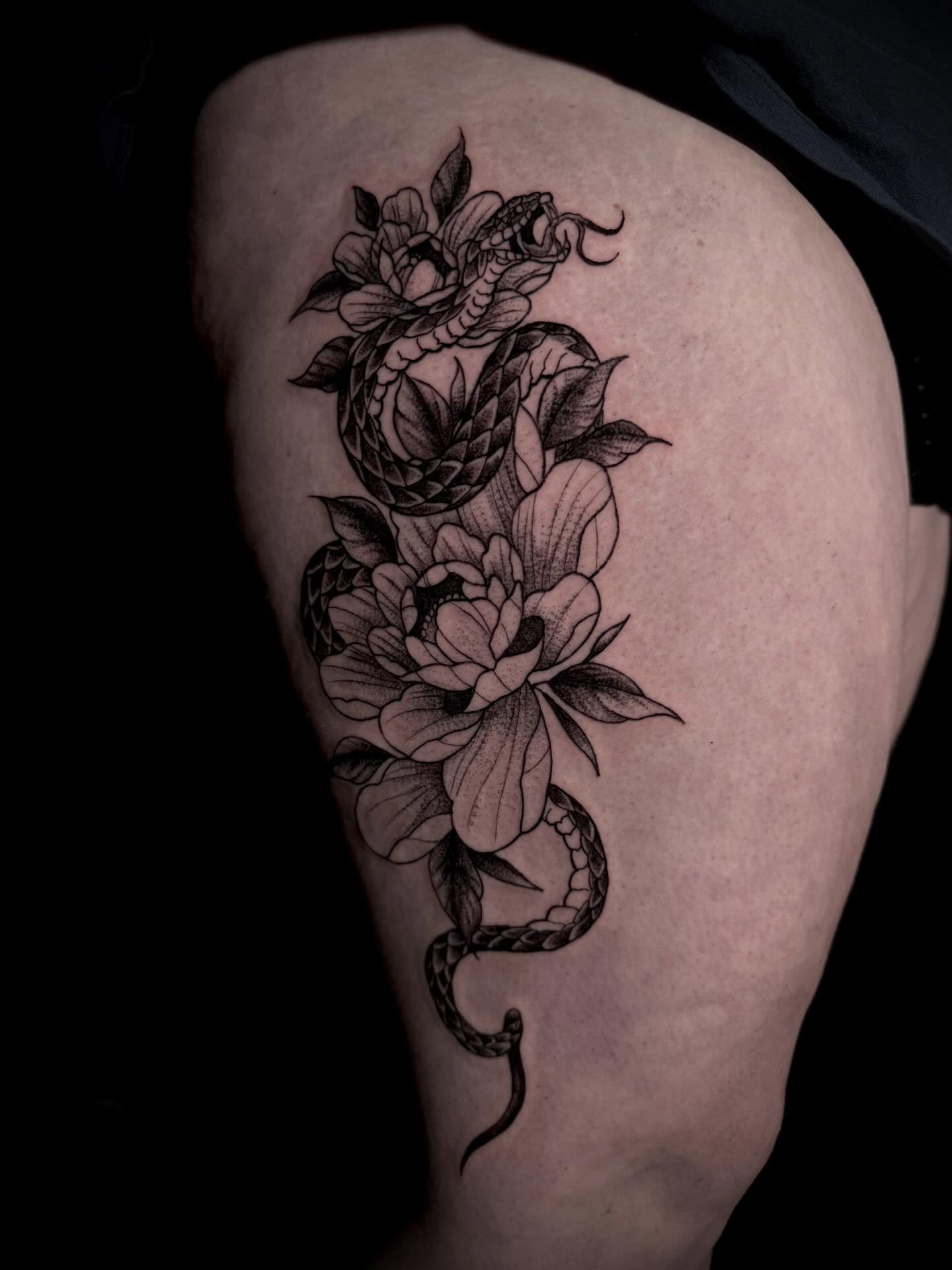 Snake and peony black and grey tattoo on the thigh by Fire-Breathing Bitch Queen