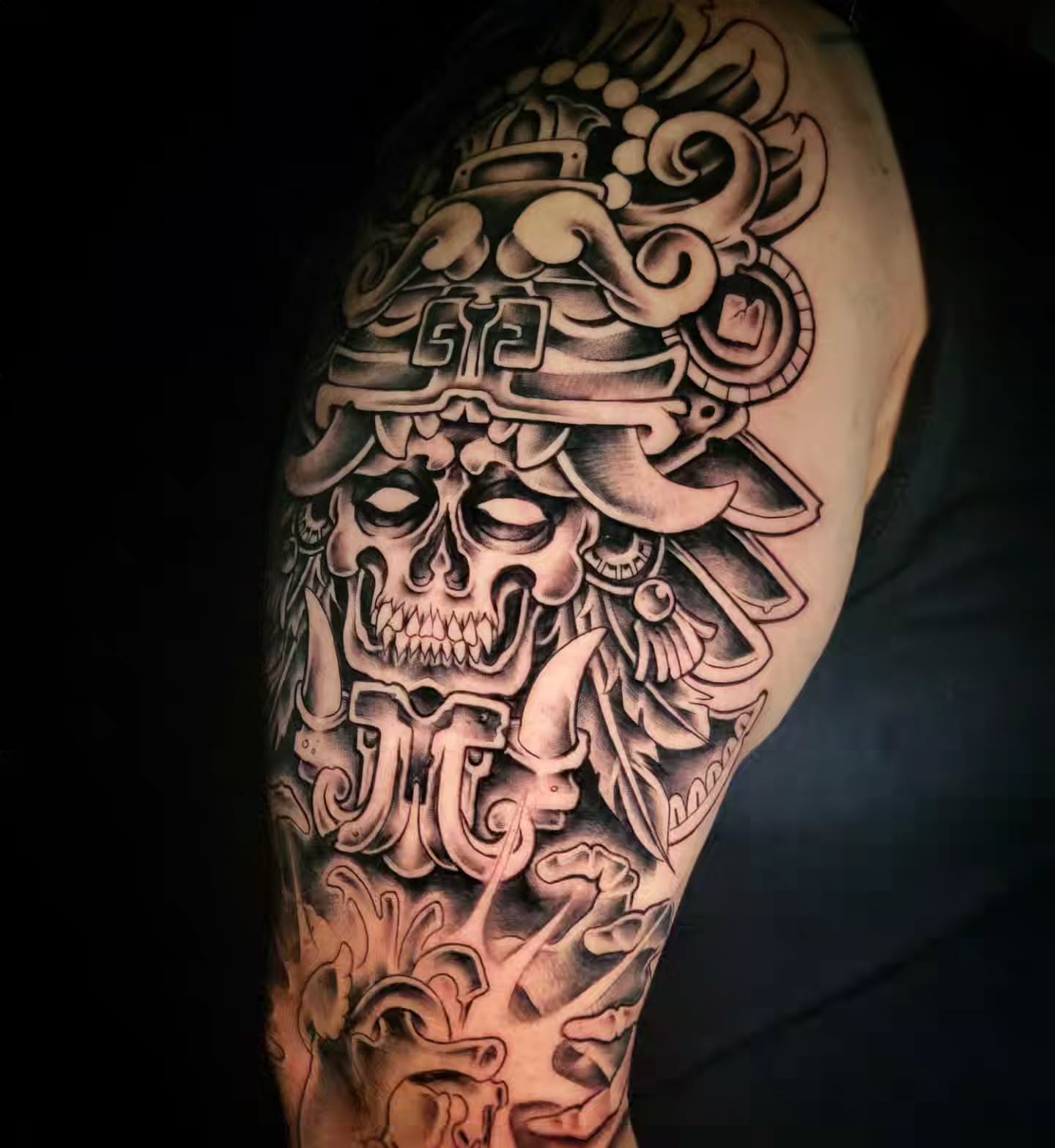 Skull with ornate headdress geometric tattoo on the forearm by Randyz Tattyz