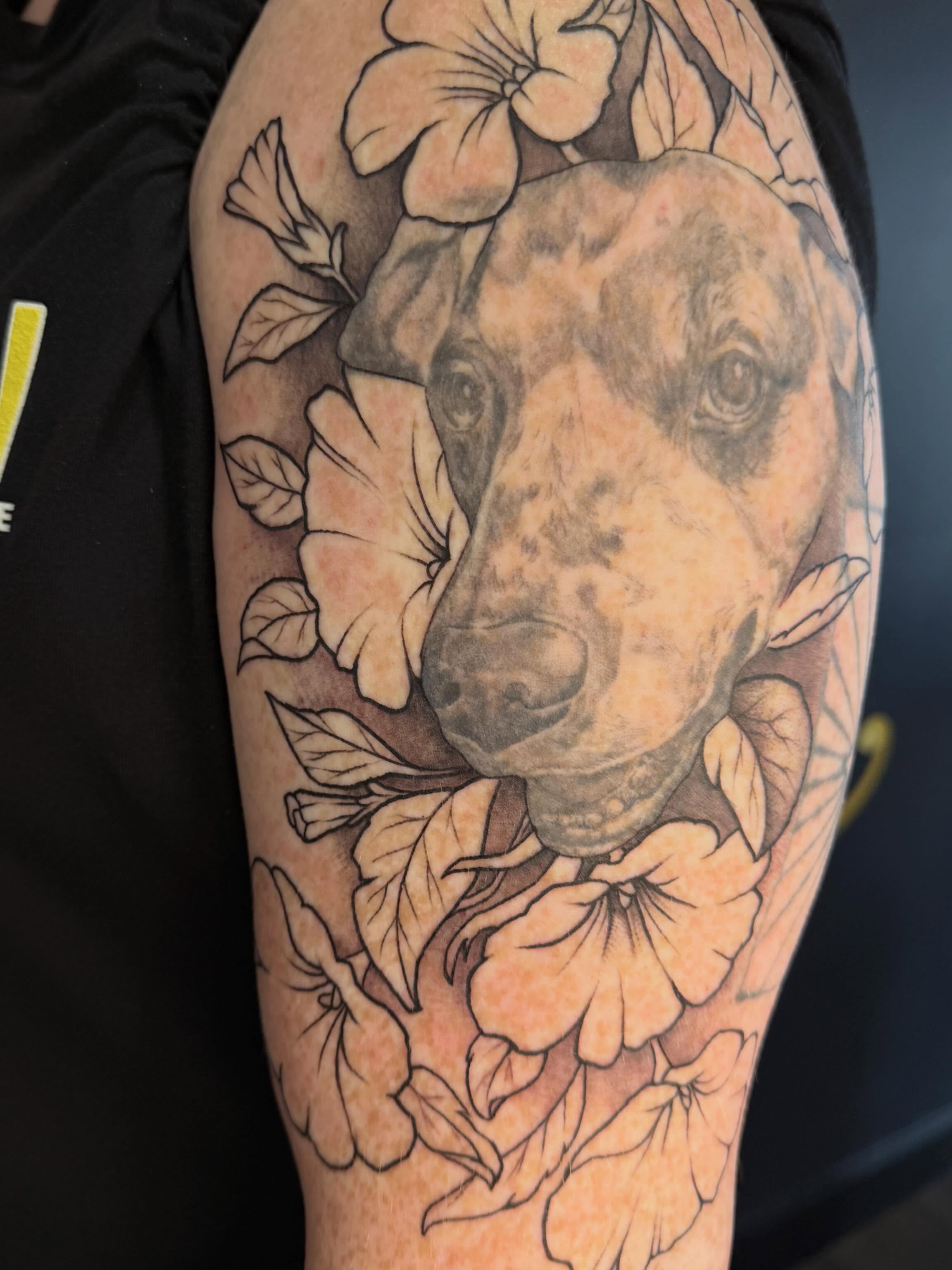 Pit bull with flowers realism tattoo on the forearm by 🦋ｊｅｓｓｉｃａ  f  o  x🦋, Nashville, Tennessee