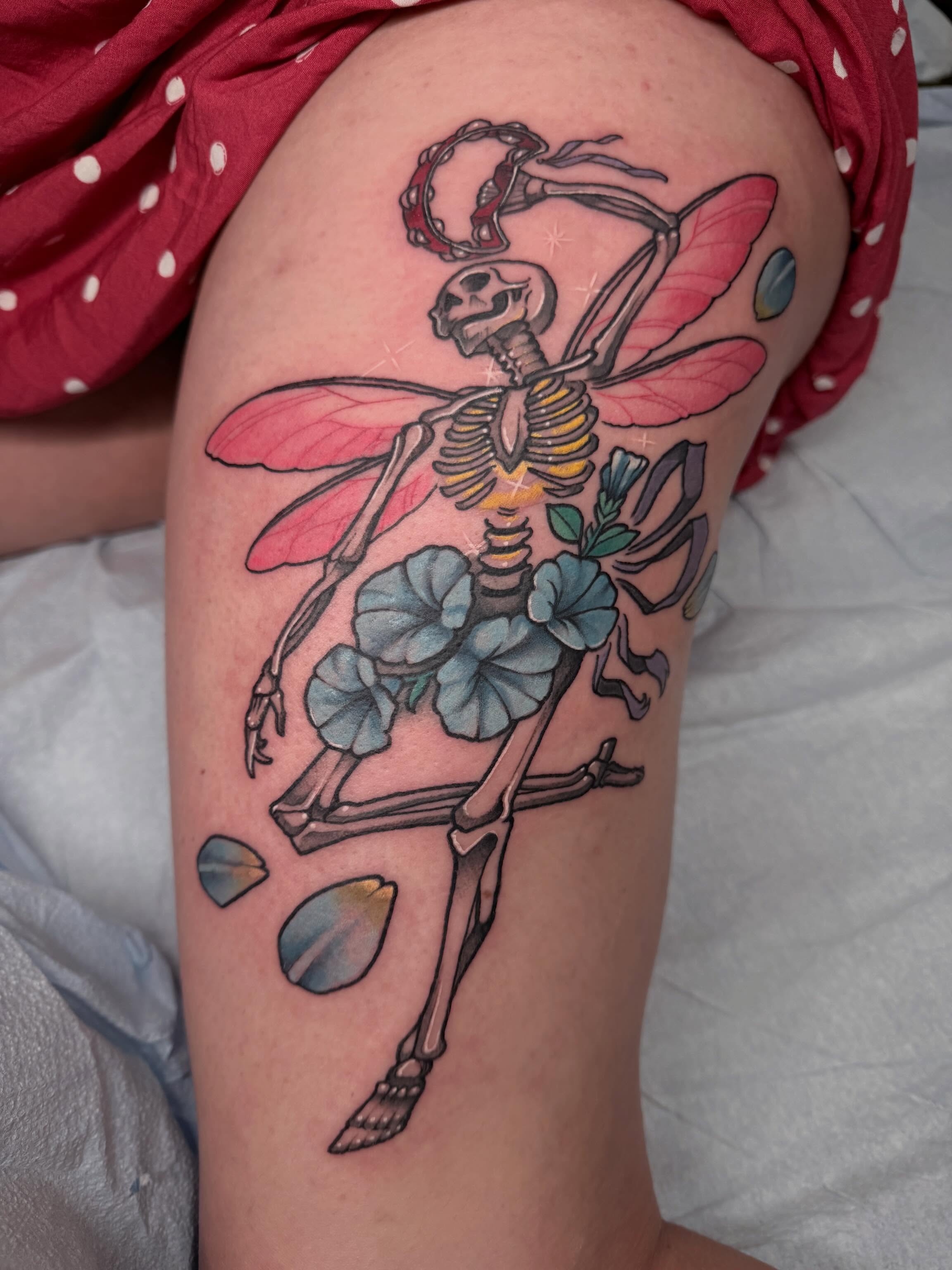 Skeleton fairy illustrative tattoo on the thigh by 🦋ｊｅｓｓｉｃａ  f  o  x🦋, Nashville, Tennessee