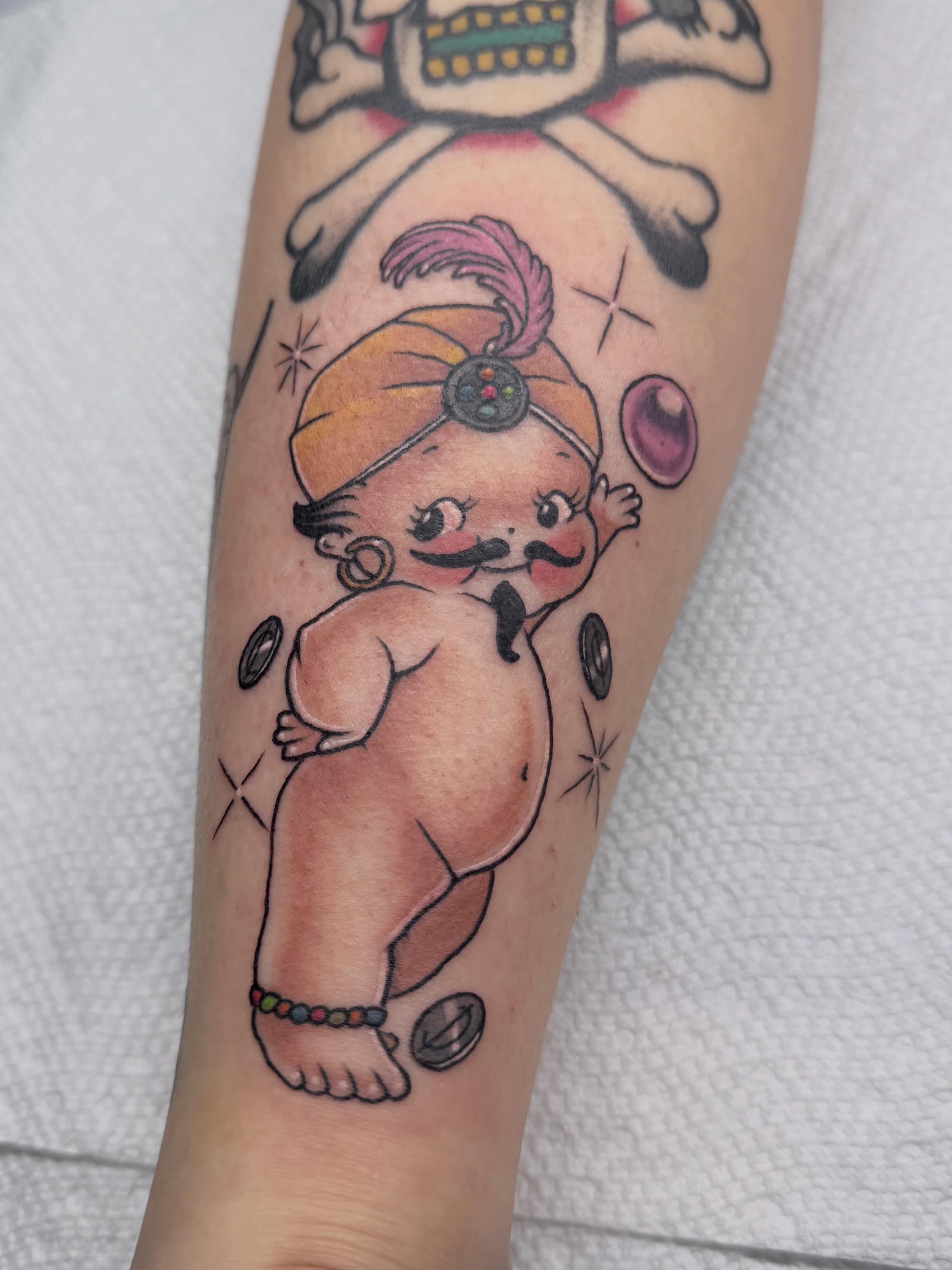 Baby with mustache American traditional tattoo on the forearm by 🦋ｊｅｓｓｉｃａ  f  o  x🦋, Nashville, Tennessee