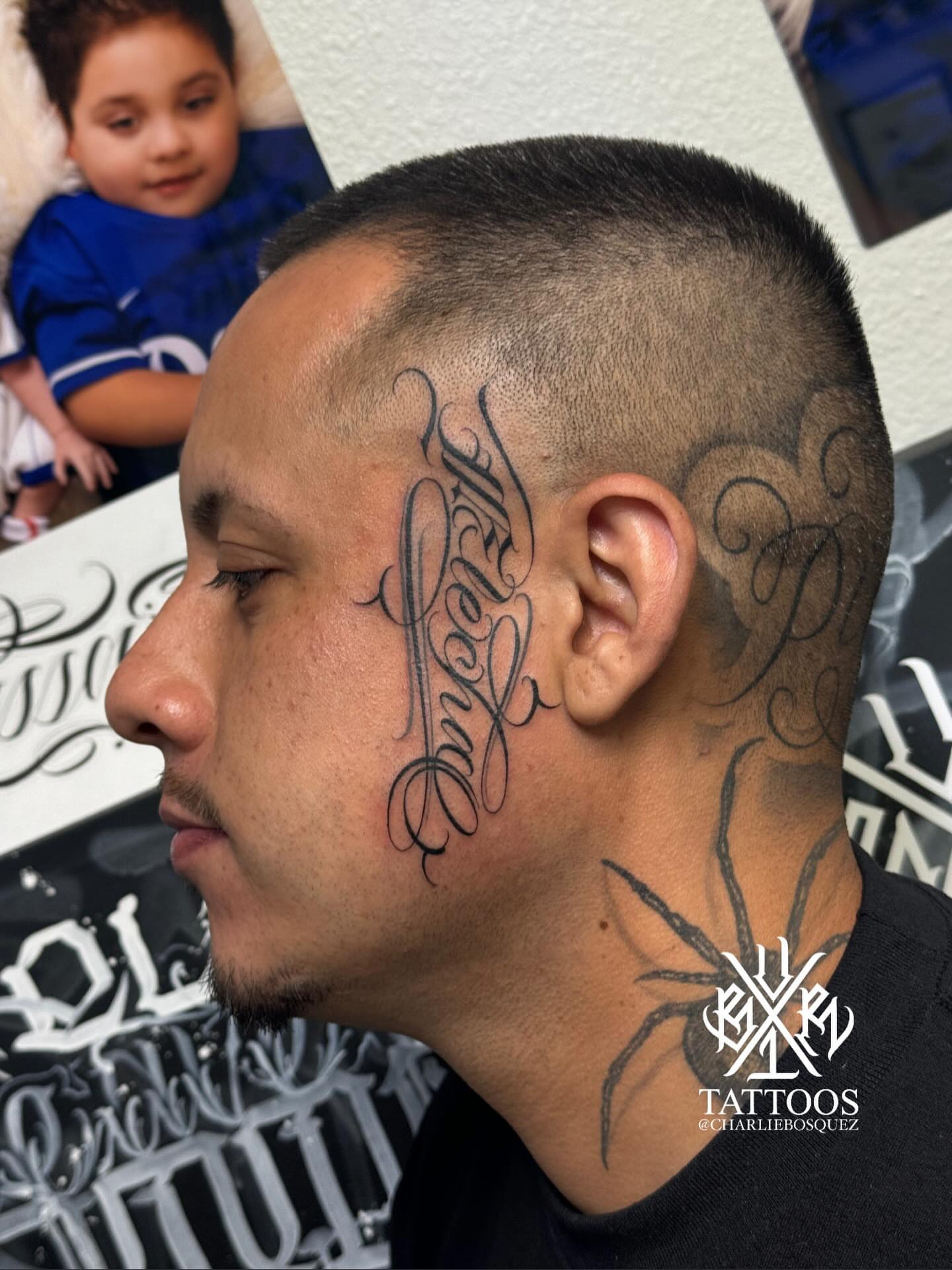 Script lettering lettering script tattoo on the head by El Beaver Tattoos